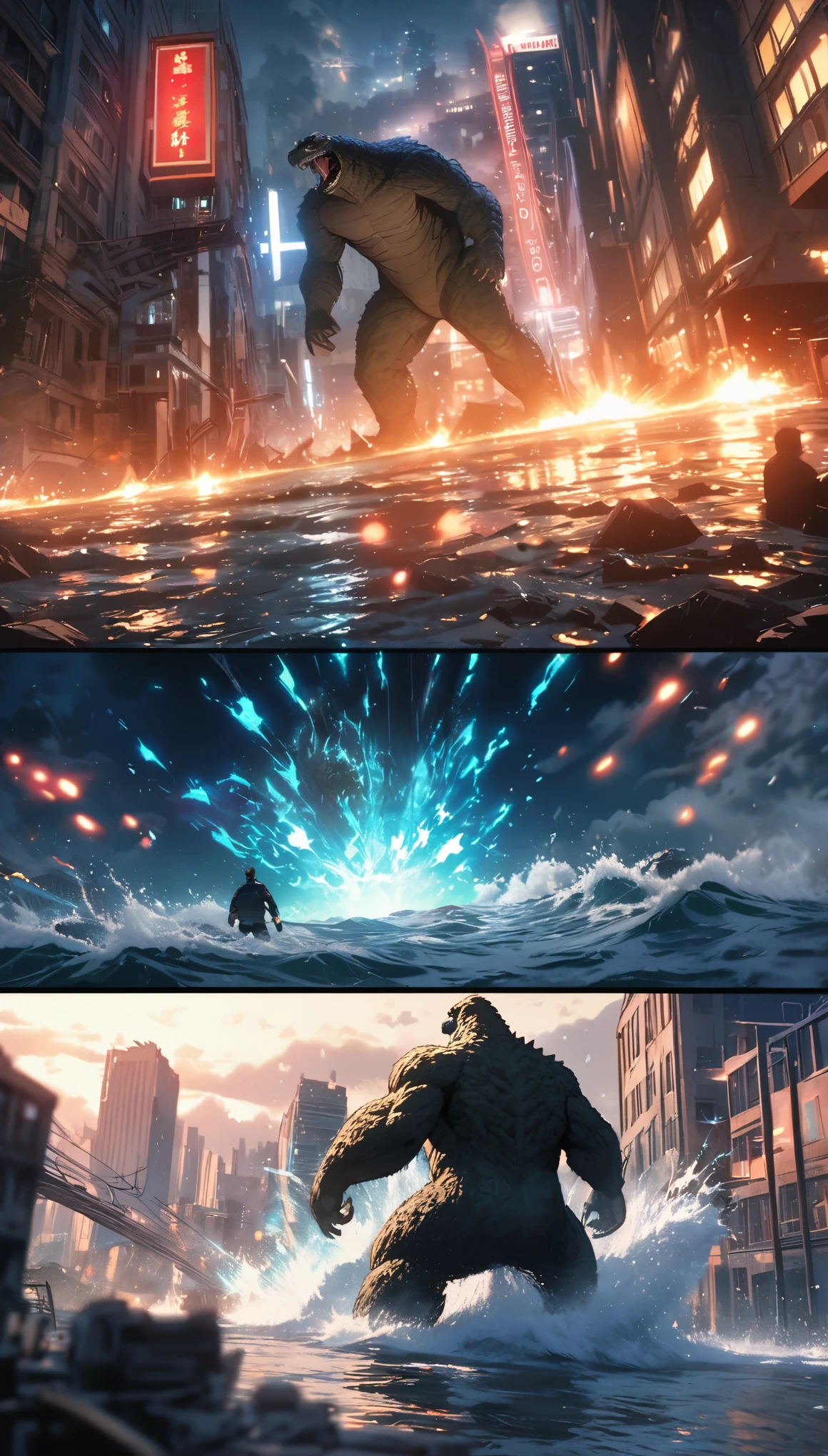 Rich details,King Kong vs. Godzilla,The dorsal fin is filled with blue energy,glow effect,Huge waves hit the city,explode,Red light soars into the sky,Broken and collapsed building,standing water,stone,exposed steel bars,electric spark,Aerial viewing angle,colorful,Rescue helicopters,depth of field,OC renderer,Movie lighting,Super fine,comics