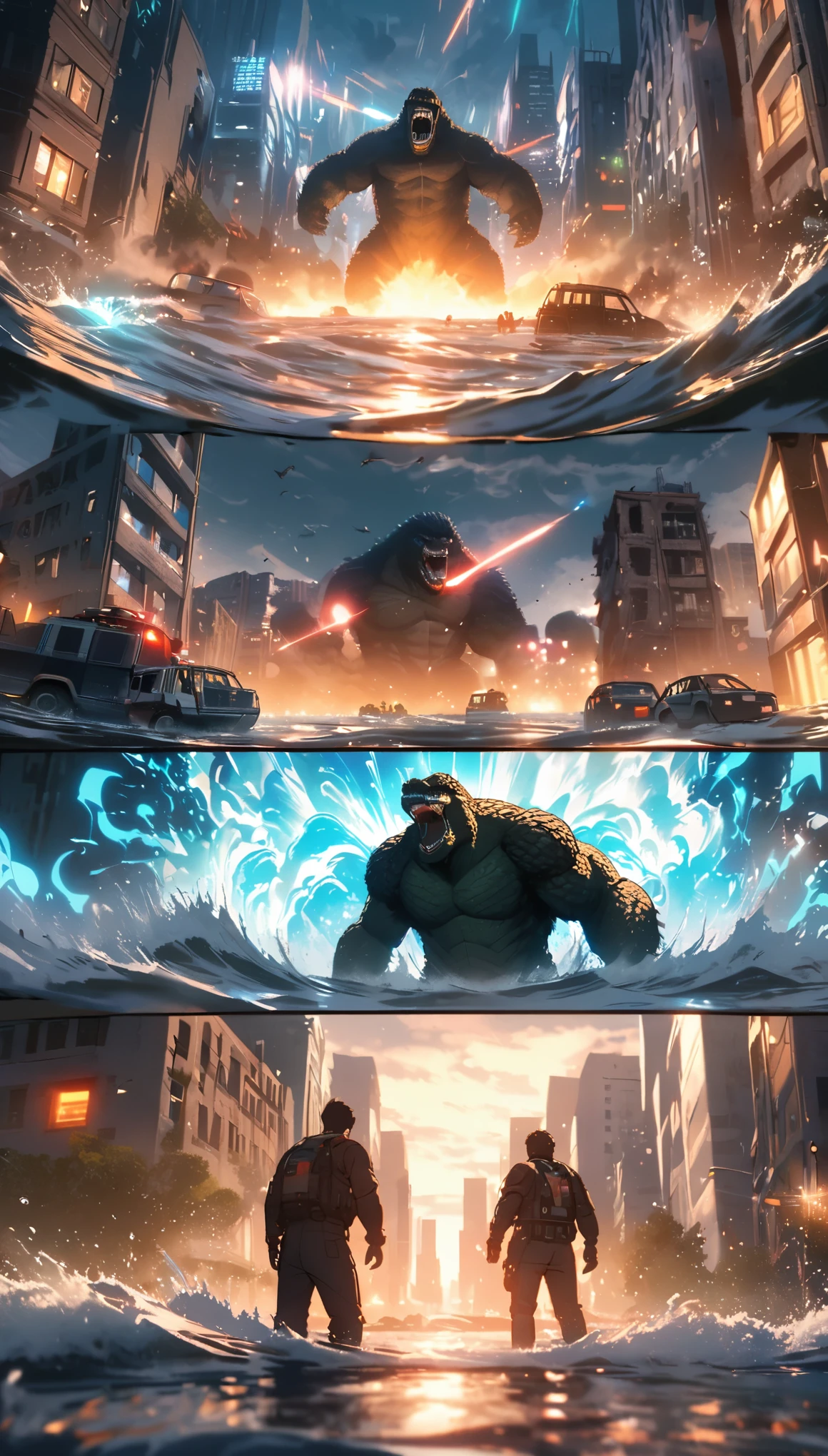 Rich details,King Kong vs. Godzilla,The dorsal fin is filled with blue energy,glow effect,Huge waves hit the city,explode,Red light soars into the sky,Broken and collapsed building,standing water,stone,exposed steel bars,electric spark,Aerial viewing angle,colorful,Rescue helicopters,depth of field,OC renderer,Movie lighting,Super fine,comics