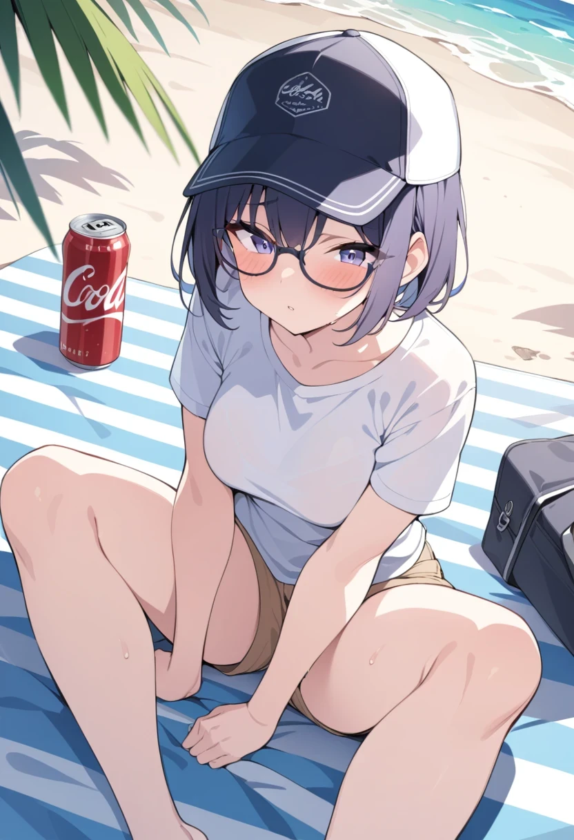masterpiece, best quality, 1girl, beach, sitting on a beach towel, short hair, glasses, t-shirt, shorts, cap, blush, summer, soda can, bag
