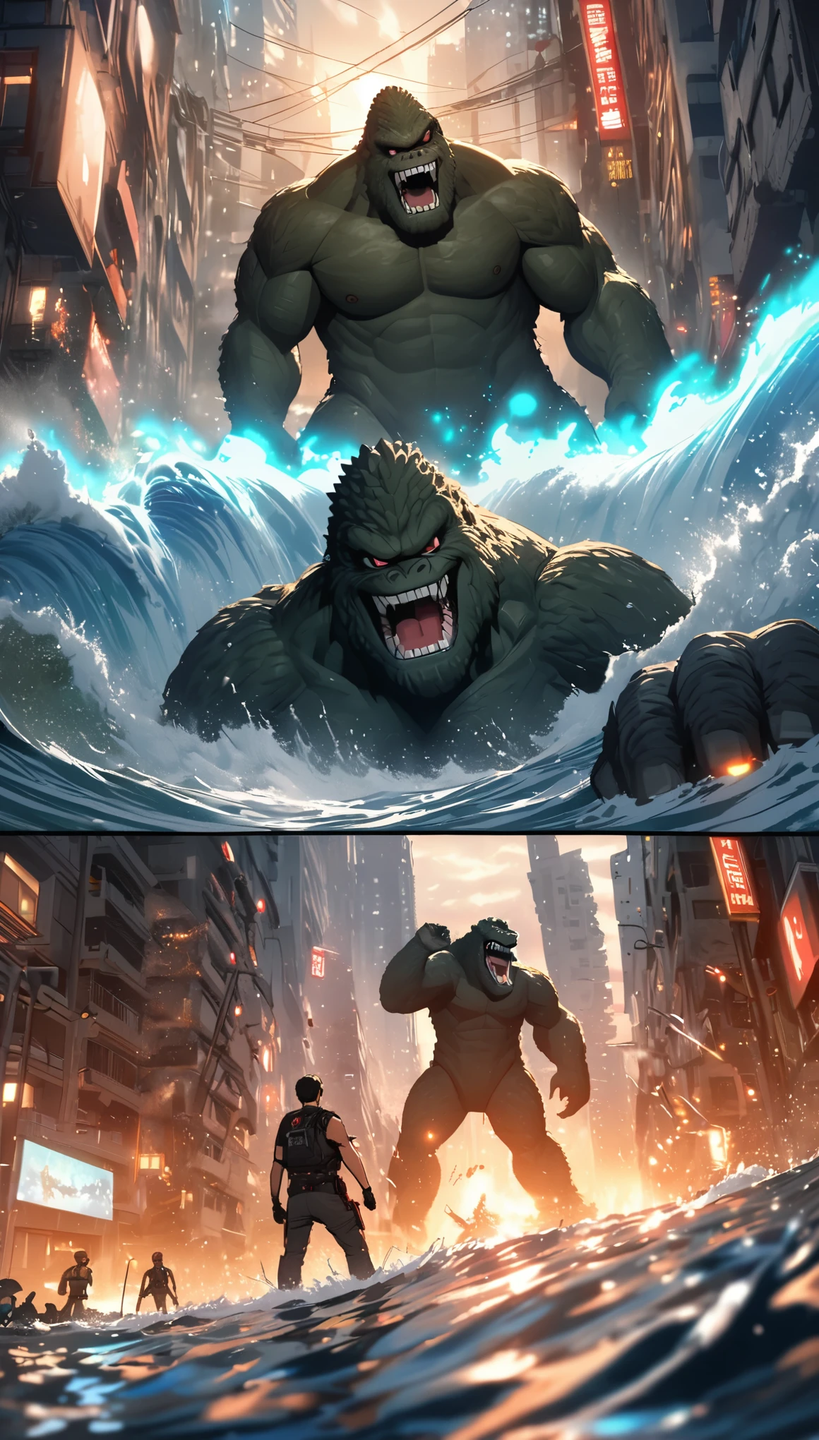 Rich details，King Kong vs. Godzilla，The dorsal fin is filled with blue energy，glow effect，Huge waves hit the city，explode，Red light soars into the sky，Broken and collapsed building，standing water，stone，exposed steel bars，electric spark，Aerial viewing angle，colorful，Rescue helicopters，depth of field，OC renderer，Movie lighting，Super fine，comics