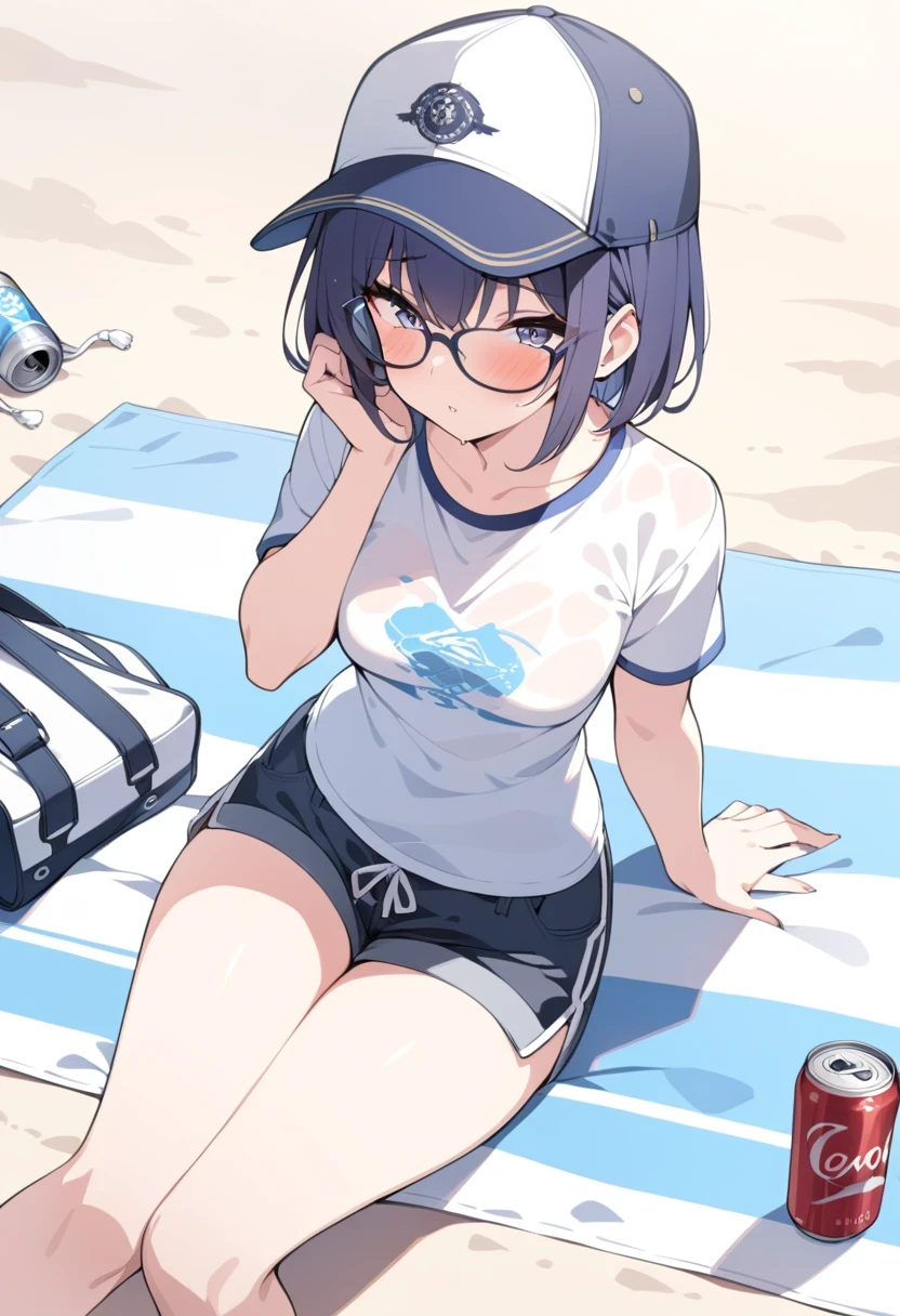 masterpiece, best quality, 1girl, beach, sitting on a beach towel, short hair, glasses, t-shirt, shorts, cap, blush, summer, soda can, bag