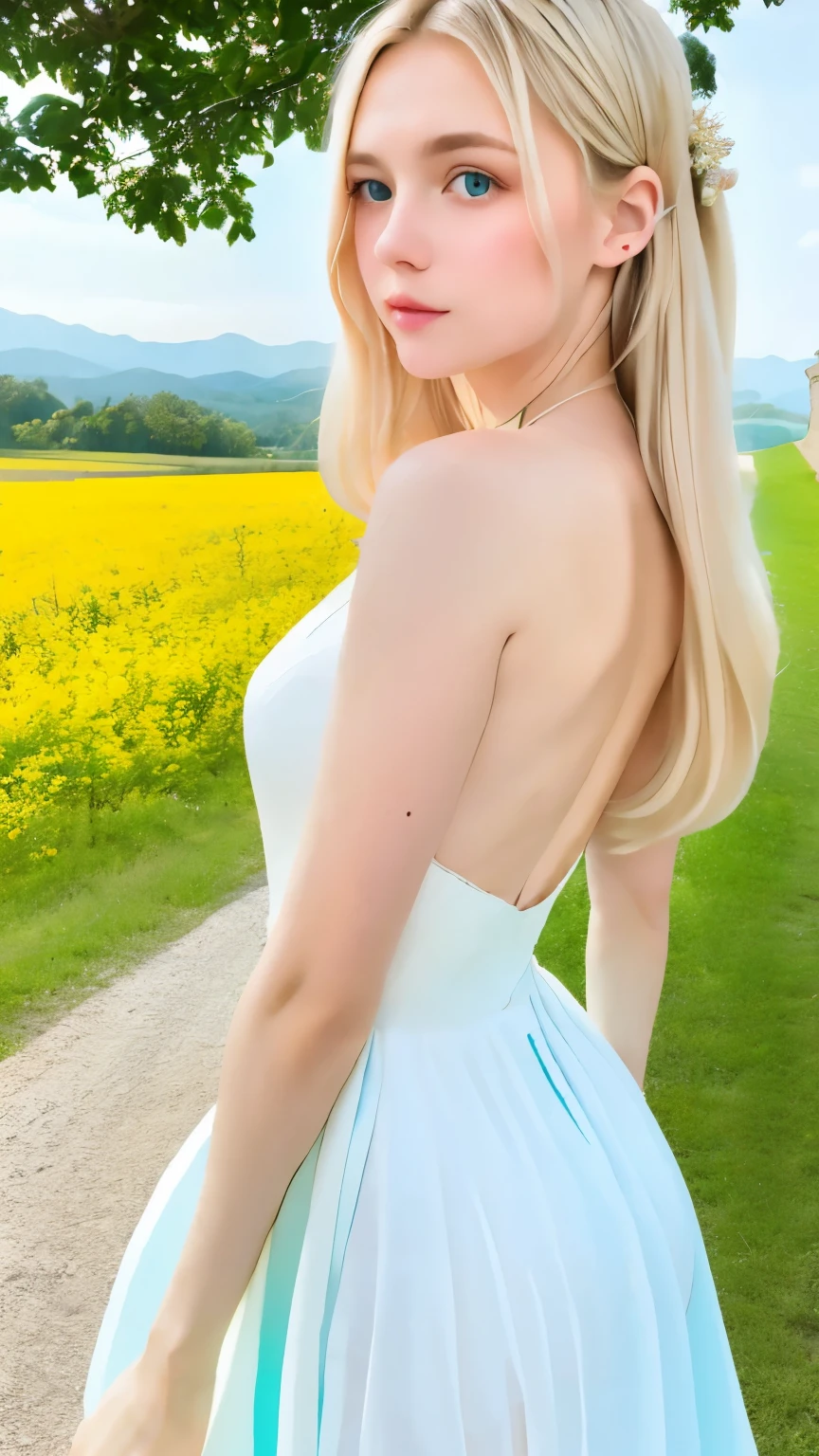 (((reality)))、(((highest quality、8K、masterpiece)))、european women、************、ash blonde、Beautiful woman、shiny silky hair、god々々Shishi woman、Moisturized light blue eyes、hair blowing in the wind、attractive ass、professional photography、perfect focus、Rear view、outdoor、European countryside、white costume