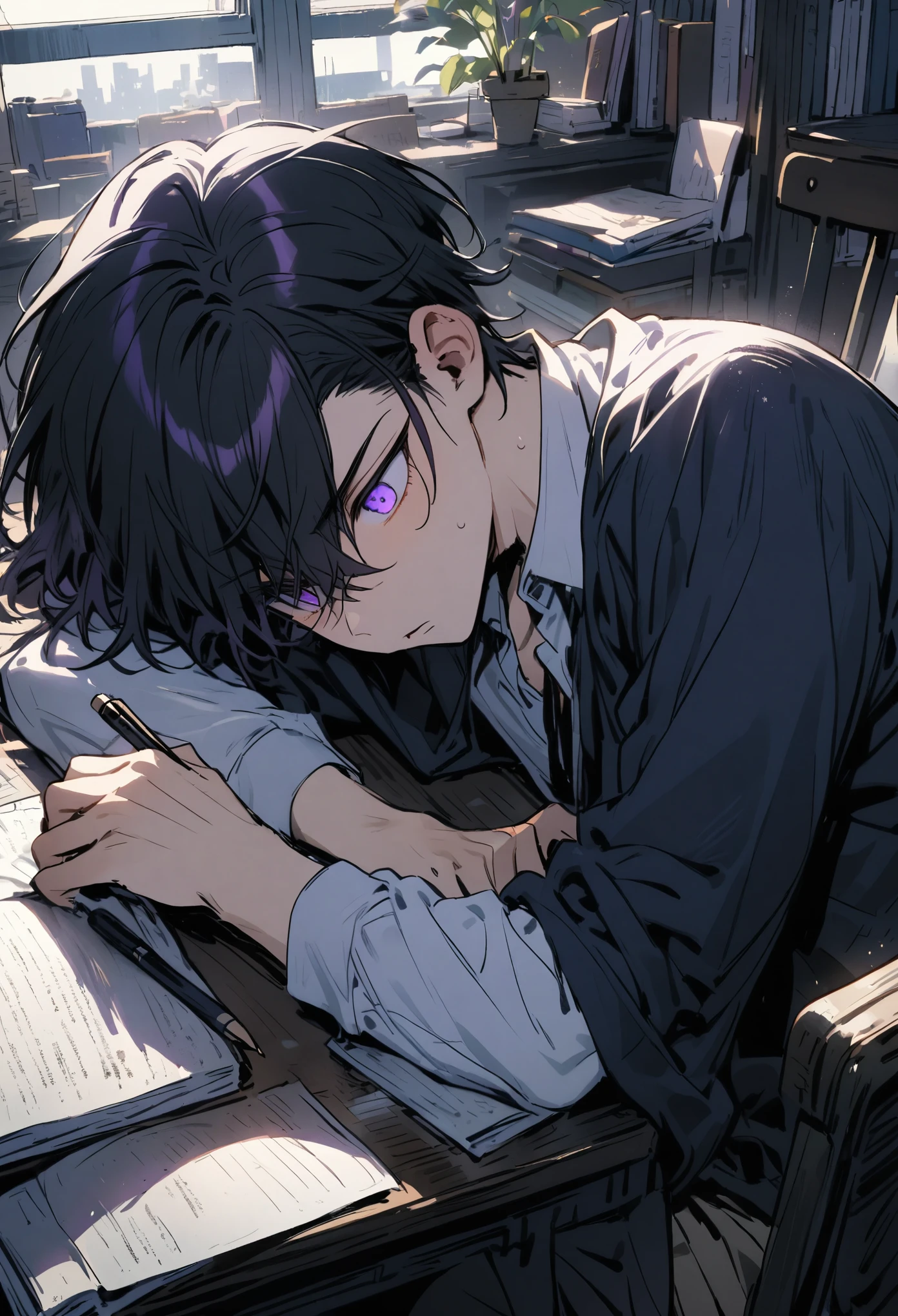 A young man in school uniform, Purple eyes and dark black hair, Studying hard.