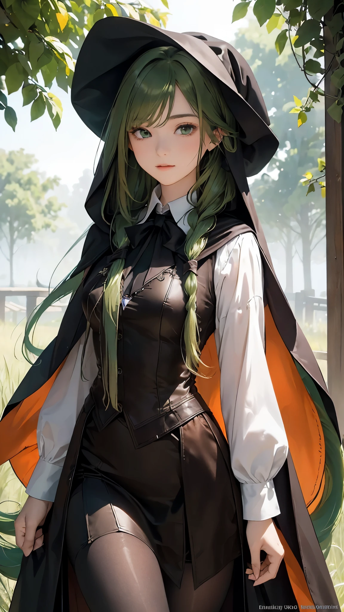 masterpiece, Super detailed, 8K portrait, RAW photo, portrait photography, highly detailed face, beautiful and detailed eyes, ((fantasy)), young and beautiful, 22 years ago, dynamic pose, (((long straight deep green hair))), ((One side is braided with an orange hair ribbon)), dull bangs, beret, White skin color, luxury, Hooded (((Dark brown))) (((Silk Long Cloak))) fluttering in the wind, (((dress shirt))), (((silk maxi skirt))), Leather Corset, (((Dark Thigh High Tights))), High Cut Leather Boots, (((Lift a long magic wand))), ((Equip yourself with a pocket watch)), midday sun, surreal, body model, small breasts, beautiful breasts, long legs, inside the castle, environmental lighting, shadow details , focus the camera on the face, strong wind, light fog