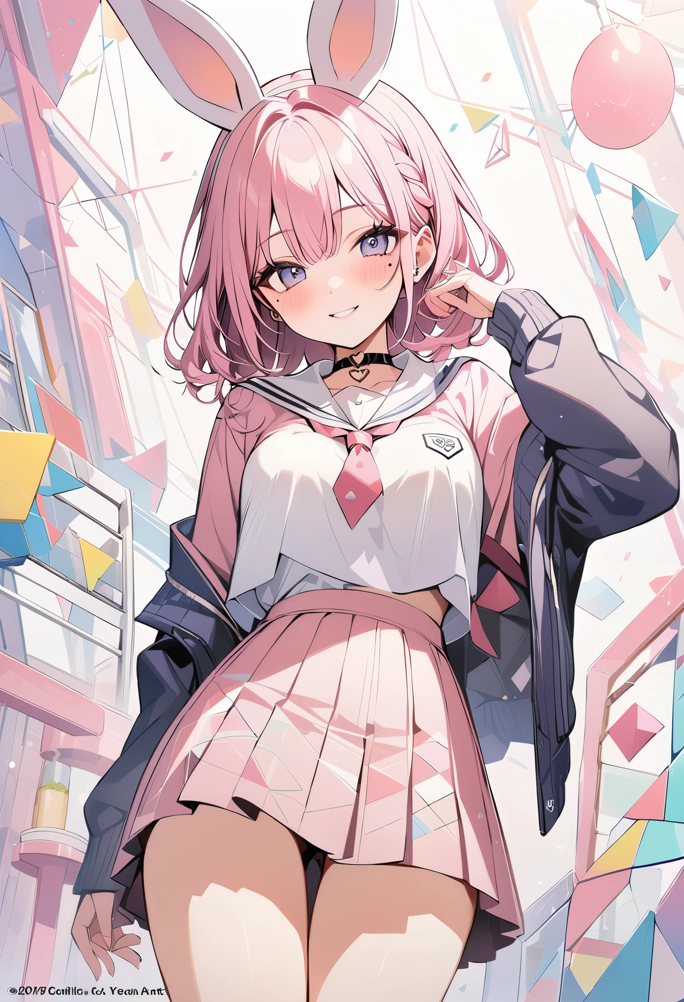 ,beautiful flower々),mole under eye, heart shaped choker, (masterpiece, highest quality), official art, beautiful and aesthetic: 1.2), (1 girl), very detailed, (geometry art: 1.3), colorful、pink bob hair、rabbit ears、 whole body、smile、university uniform