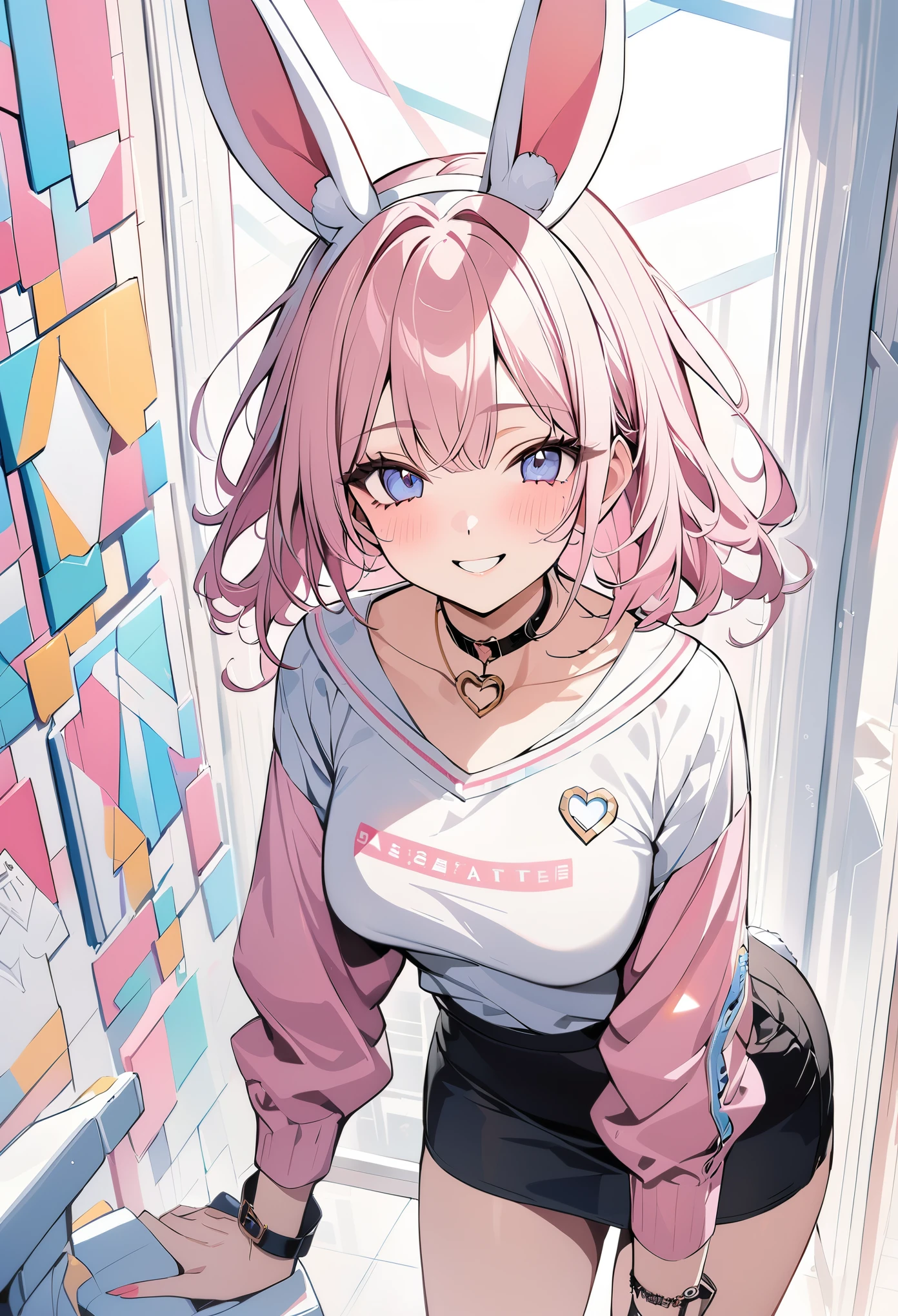 ,beautiful flower々),mole under eye, heart shaped choker, (masterpiece, highest quality), official art, beautiful and aesthetic: 1.2), (1 girl), very detailed, (geometry art: 1.3), colorful、pink bob hair、rabbit ears、 whole body、smile、university uniform