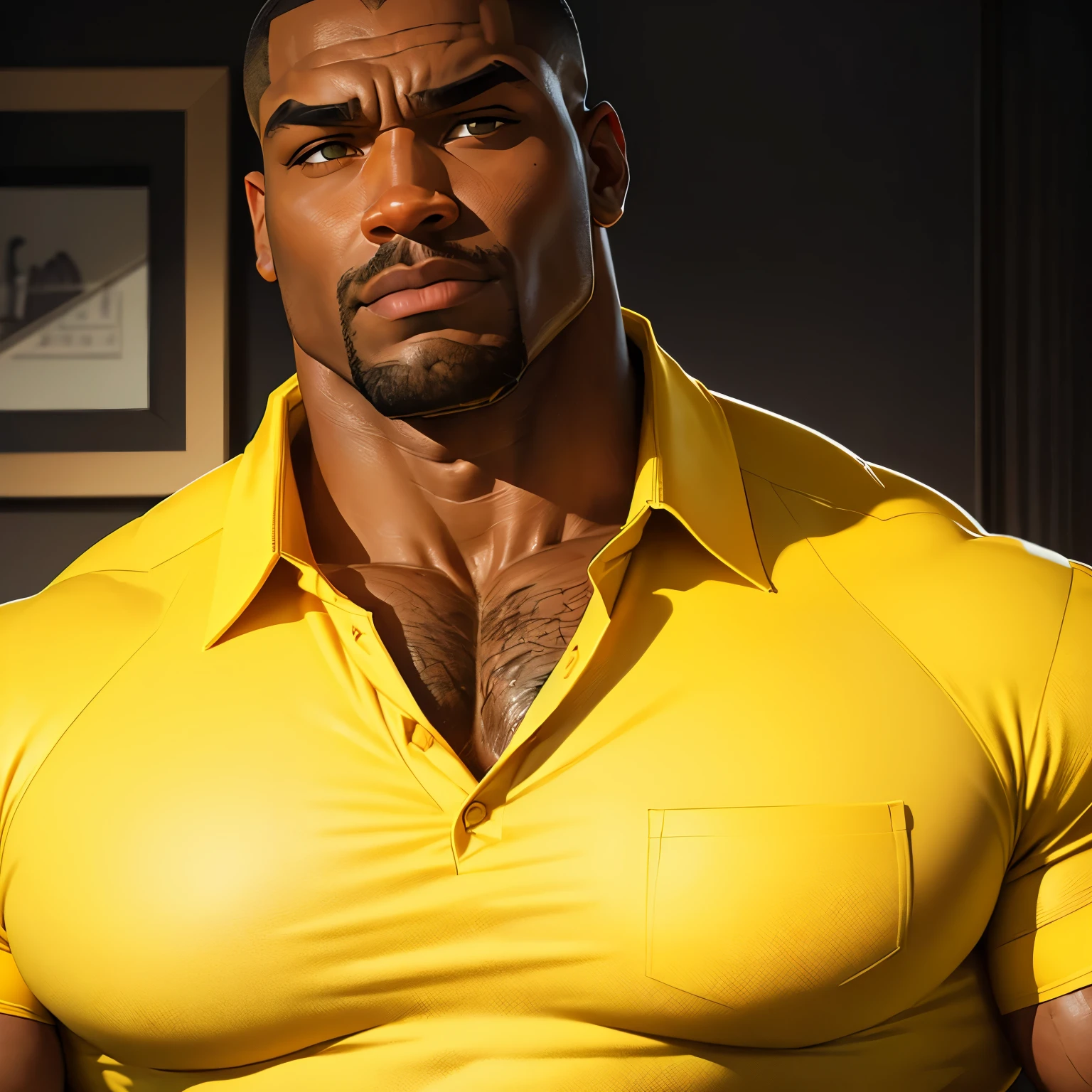 an exaggeratedly muscular and large bodyguard, beefy build, dark-skinned african american male, buzzcut hair with square line, (wearing yellow collared shirt: 1.2), name tag, (bara pecs: 1.3), (arm and chest hair: 1.1), close-up portrait HD, bright corporate office