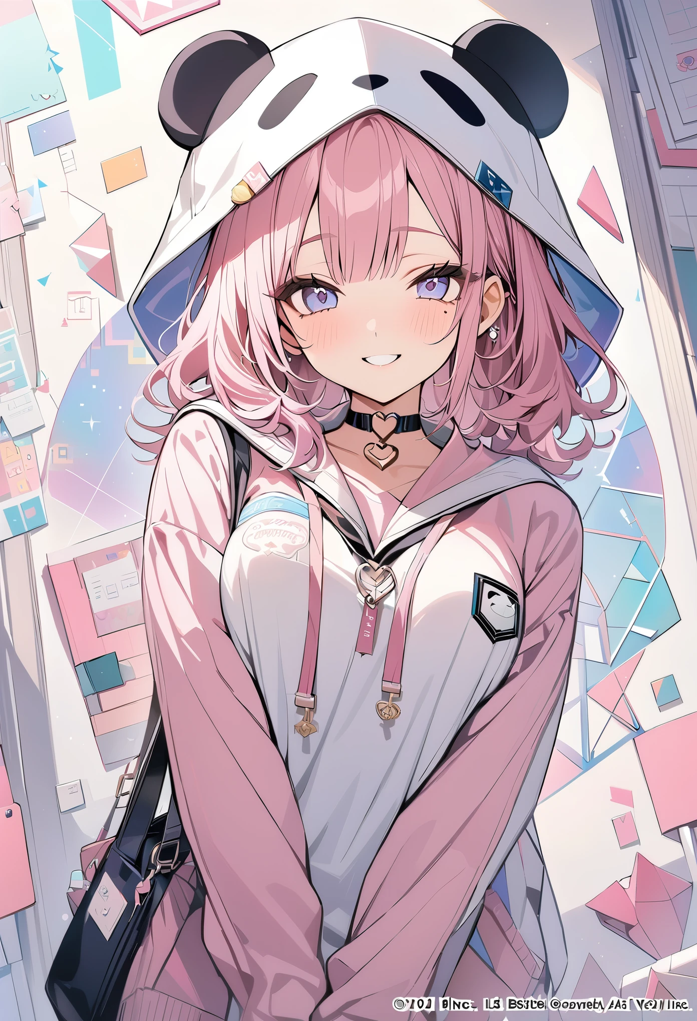 ,beautiful flower々),mole under eye, heart shaped choker, (masterpiece, highest quality), official art, beautiful and aesthetic: 1.2), (1 girl), very detailed, (geometry art: 1.3), colorful、pink bob hair、panda ear hood hat、 whole body、smile、university uniform