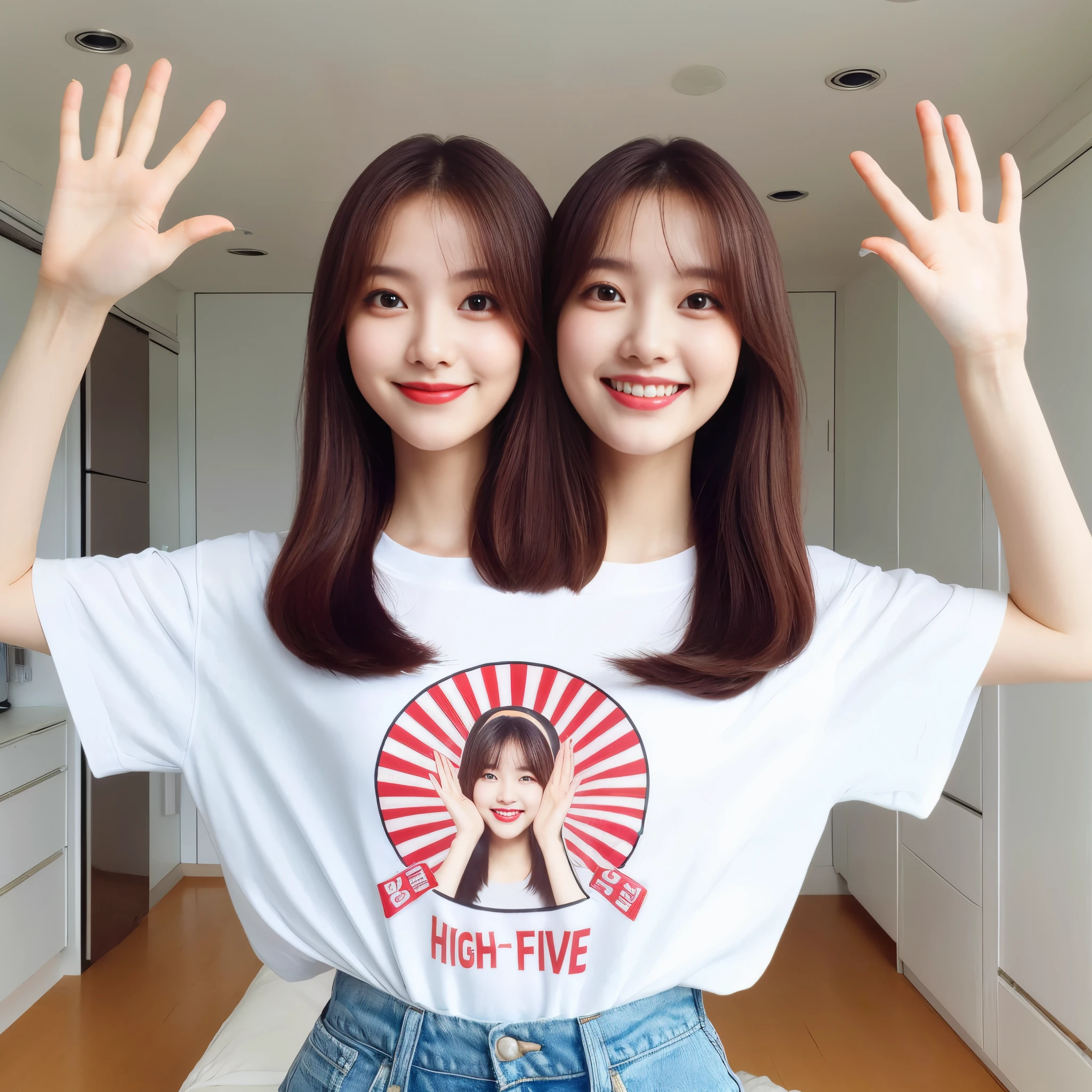 best resolution, korean with two heads, red lipstick, reddish hair, smiling raising hands, white shirt, blue denims, bedroom background