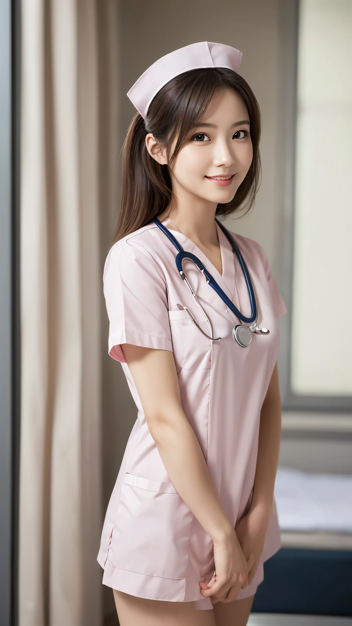 (photo realistic:1.4), (hyper realistic:1.4), (realistic:1.3), (smoother lighting:1.05), (Improve the quality of cinematic lighting:0.9)、natural light、professional photos, realistic portrait,(1 female), medium hair, wonderful face and eyes, very cute face, smile, energy, vitality, (real short nurse uniform:1.2), light pink, white, (Nurse uniform with open chest:1.4), beautiful feet,、(hospital room), Stethoscope, whiteい壁紙, sexy portrait of girl,shiny skin, full body,