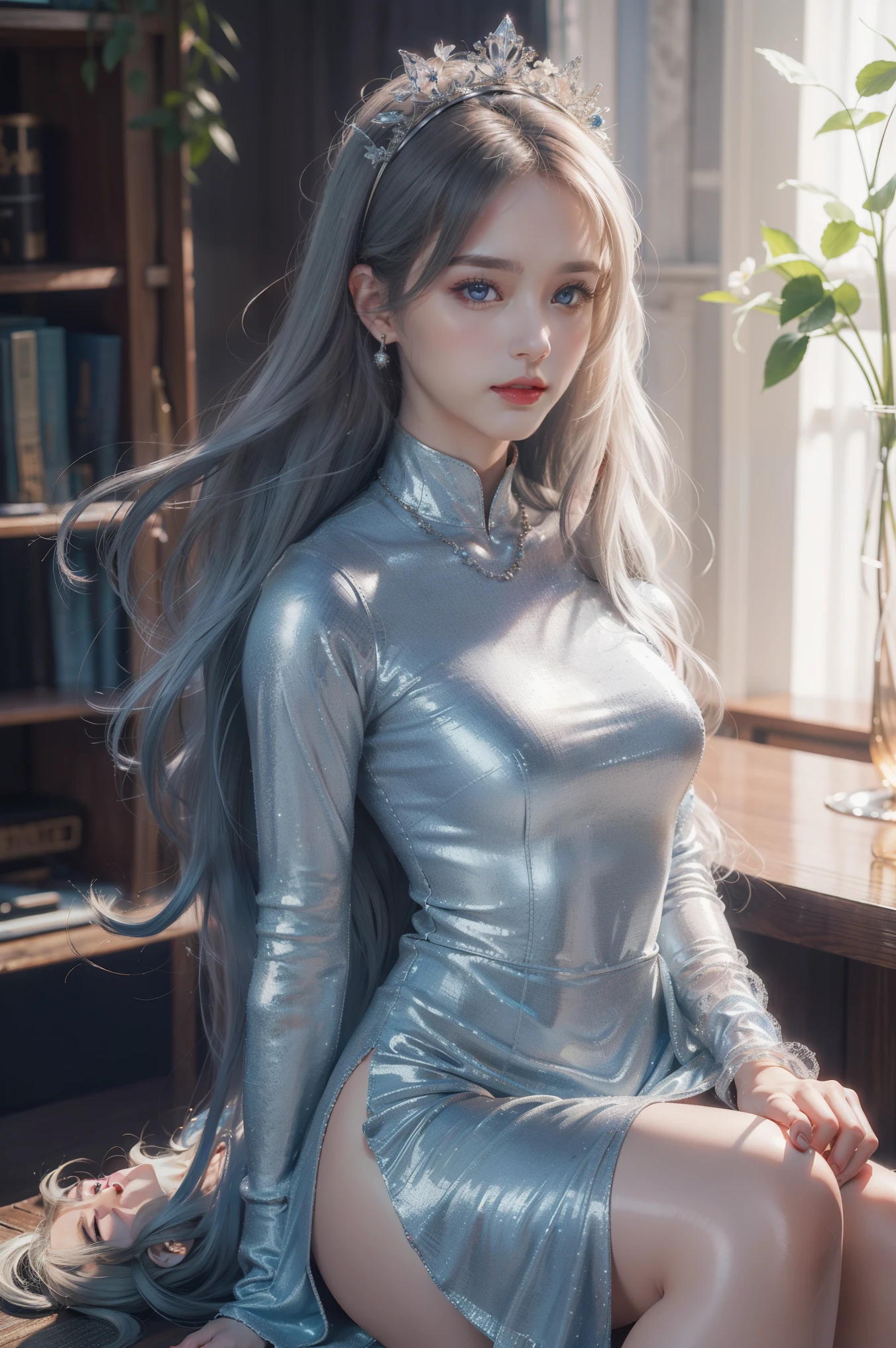 high quality work，realistic works，Super premium graphics，8K high-definition CG works，High quality graphics，High-definition and exquisite CG works，10x pixels，Ultra-fine details：1.1，Advanced technical details：1.1Realistic photo effects，室内灯Light effect果：1.5，Natural light：1.5. Light effect（虚拟Light effect：1.8），ultra high resolution，shiny blue dress，Long silver hair，silver hair，transparent hair，High detail hair（Premium hair details：1.1）clear eyes，Double eyelids look good，sharp eye makeup, Create exquisite eyelash makeup, thin eyebrows, Super detailed eyes，high nose, cute red lips, rosy cheeks, With delicate makeup on her face , pretty face, Perfect face proportions,（Advanced facial details：1.1）Collection of shining blue luxury dresses，blue sequin dress，sequined jacket，shining，tight long skirt，Summer sexy hip-hugging fishtail sleeveless commuter long skirt，Horse socks 100%Oily Glossy Panst Glossy Glossy Silk Glossy 8D Black Silk Women，stilettos，beautiful long dress，beautiful clothes，Big red series，High fashion dress series，dress photography，Authentic dress work，In the banquet hall，female artwork，full body view，dressing goddess，Realism，Astonishing，My eyes are very bright today