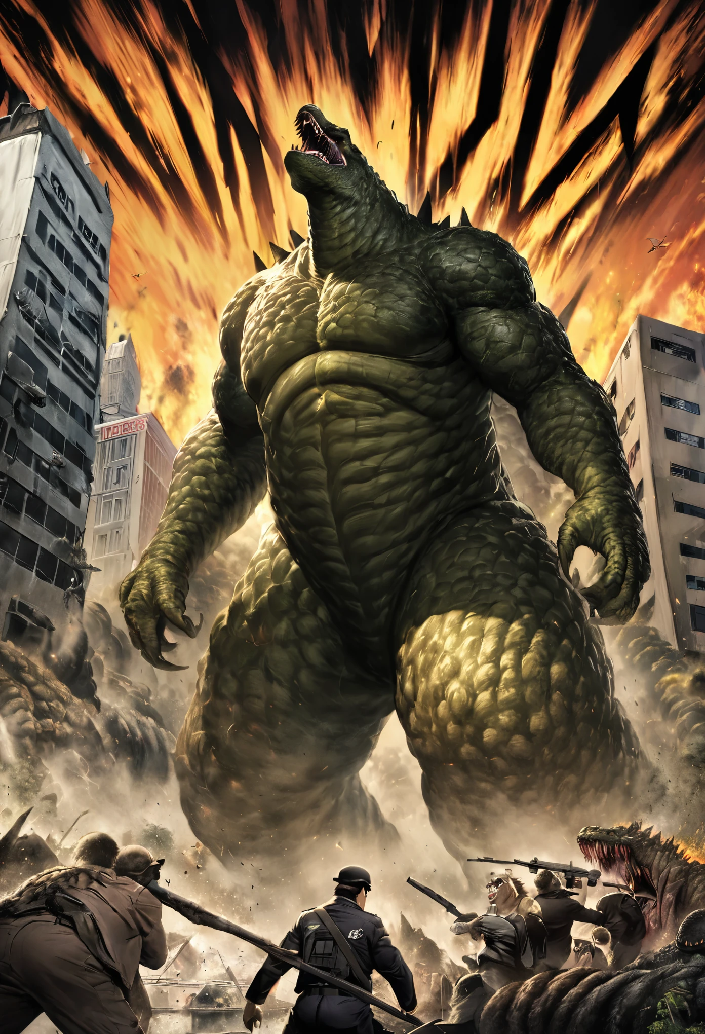 Movie Poster Design、high quality、High resolution、masterpiece:1.2、
Special effects movie released on November 3, 1954,  Inspired by the nuclear test at Bikini Atoll, Hydrogen bomb monster movie『Godzilla』, 50 meter tall monster, Godzillaは人間にとっての恐怖の対象, nuclear spawn, Symbol of fear created by humans, A work that expresses the selfishness of humans in which a monster that appears due to nuclear weapons created by humans is buried by humans., A Japanese King Kong that completely destroys the dark post-war society and plunges it into anarchy., Ray Harryhausen special effects monster movie in which a monster revived by a hydrogen bomb test destroys the city of New York.『Atomic monster appears』was greatly influenced by, 『Godzilla』The number of spectators was 9.61 million.。