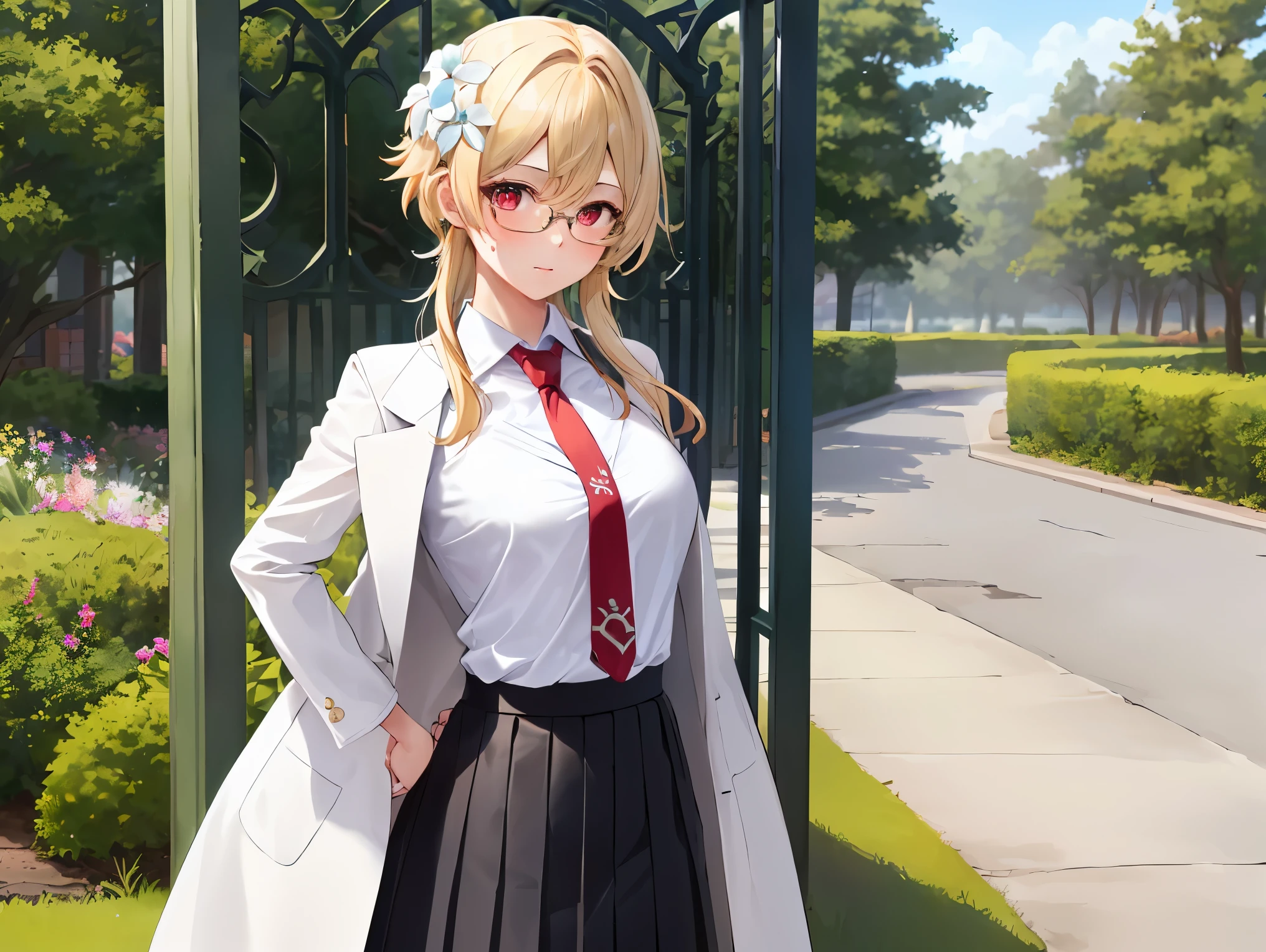 1girl, solo, luminedef, cleavage, (glowing red eyes)
BREAK (glasses, skirt, shirt, , white shirt, pleated skirt, glasses, collared shirt, black skirt, vest, red necktie, labcoat, (white labcoat:1.2), brown vest:1.2),
BREAK （perspire，Sweat a lot，Blushlush，Be red in the face，Blushlush），Stand at the door of the phone booth,arms behind back,
BREAK ball gown, in the garden of trees, wedding decorations, 
BREAK ((top quality, 8k, masterpiece: 1.3, ultra hd, high quality, best quality, high definition, realism)), sharp focus: 1.5, Beautiful woman with Slim body, (perfect hands, perfect anatomy),