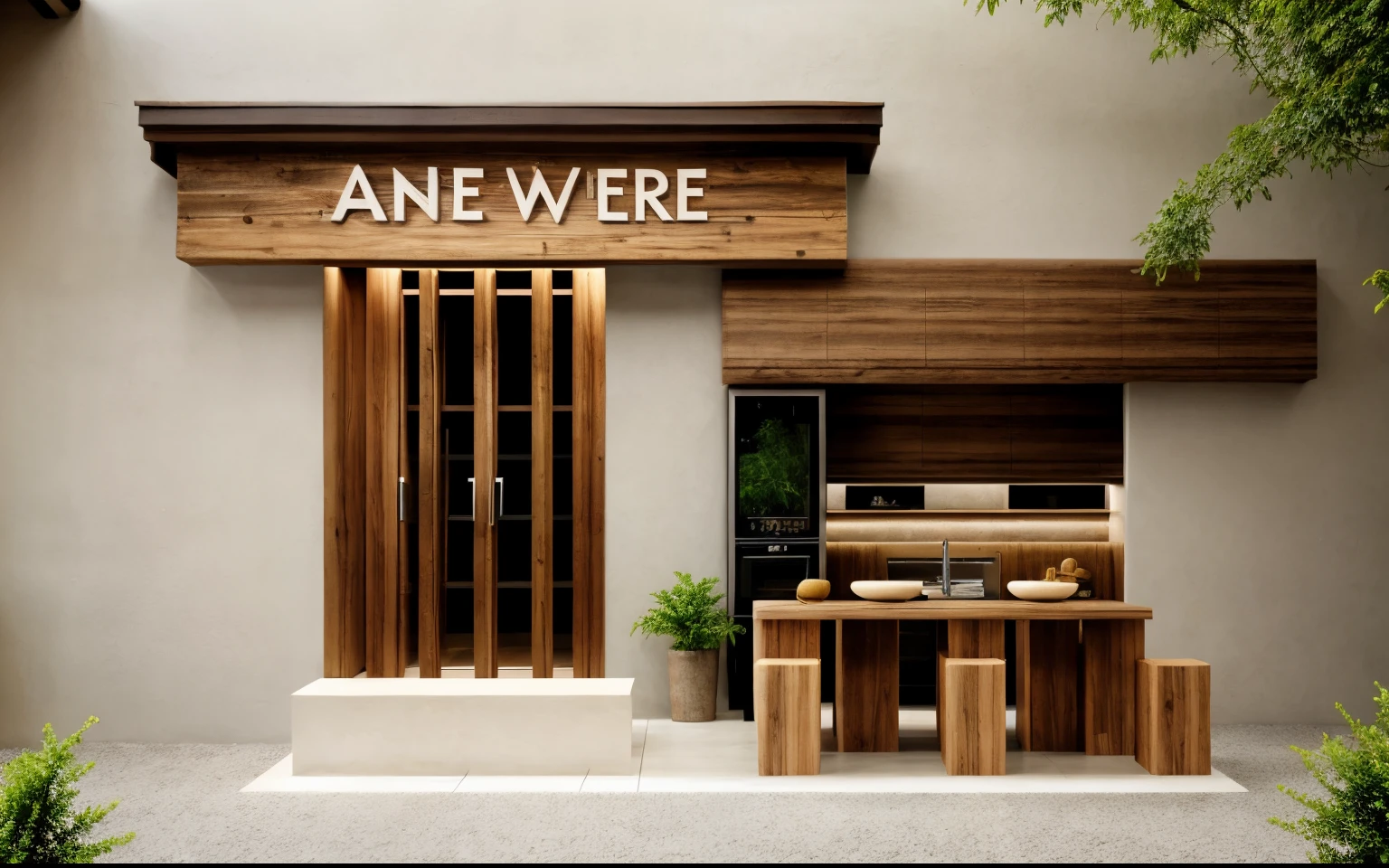 wabi-sabi kitchen interior, rough-hewn material, exposured wood, stucco wall, tiled floor, refrigerator, cozy lighting