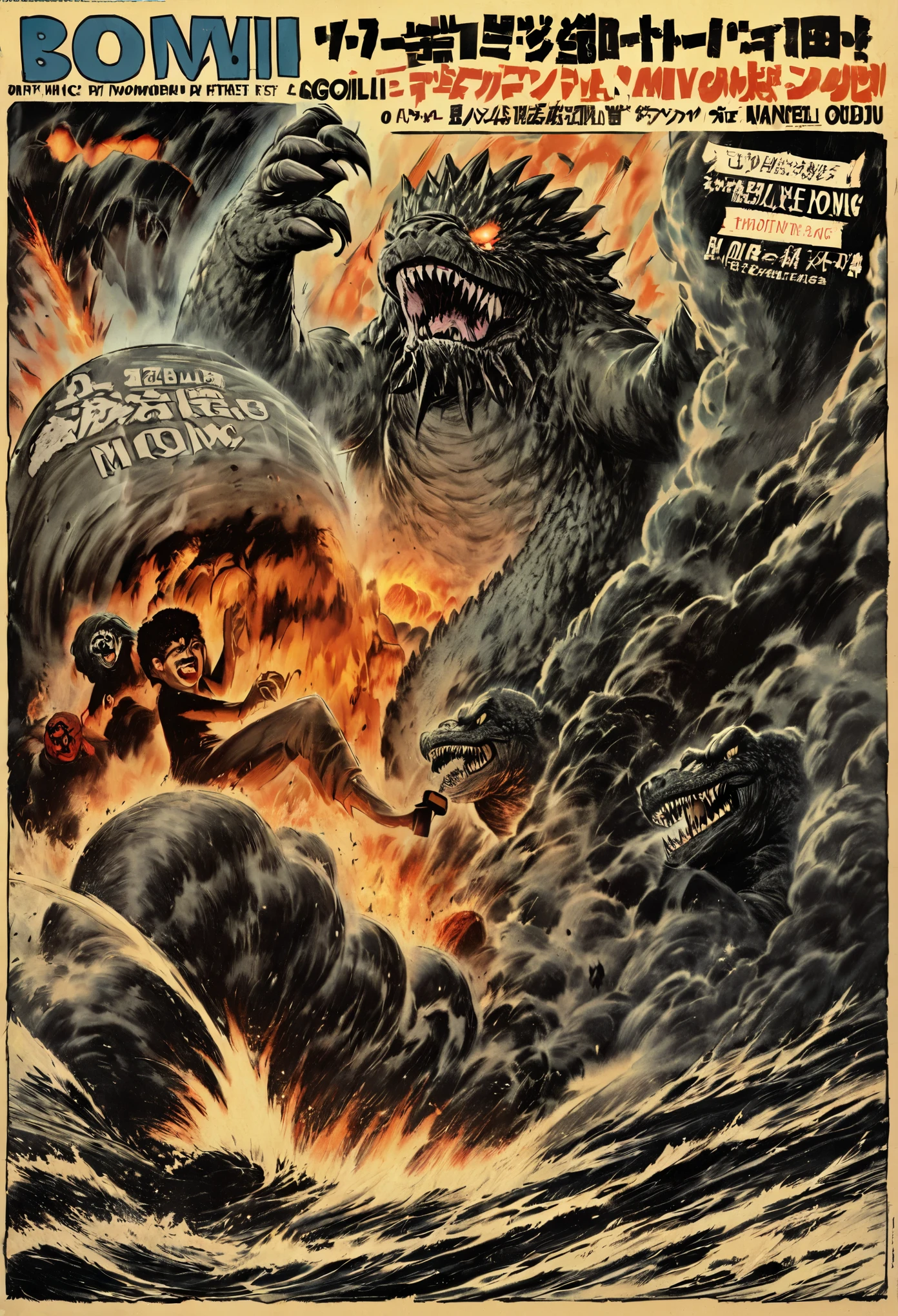 Movie Poster Design、high quality、High resolution、masterpiece:1.2、
Special effects movie released on November 3, 1954,  Inspired by the nuclear test at Bikini Atoll, Hydrogen bomb monster movie『Godzilla』, 50 meter tall monster, Godzillaは人間にとっての恐怖の対象, nuclear spawn, Symbol of fear created by humans, A work that expresses the selfishness of humans in which a monster that appears due to nuclear weapons created by humans is buried by humans., A Japanese King Kong that completely destroys the dark post-war society and plunges it into anarchy., Ray Harryhausen special effects monster movie in which a monster revived by a hydrogen bomb test destroys the city of New York.『Atomic monster appears』was greatly influenced by, 『Godzilla』The number of spectators was 9.61 million.。