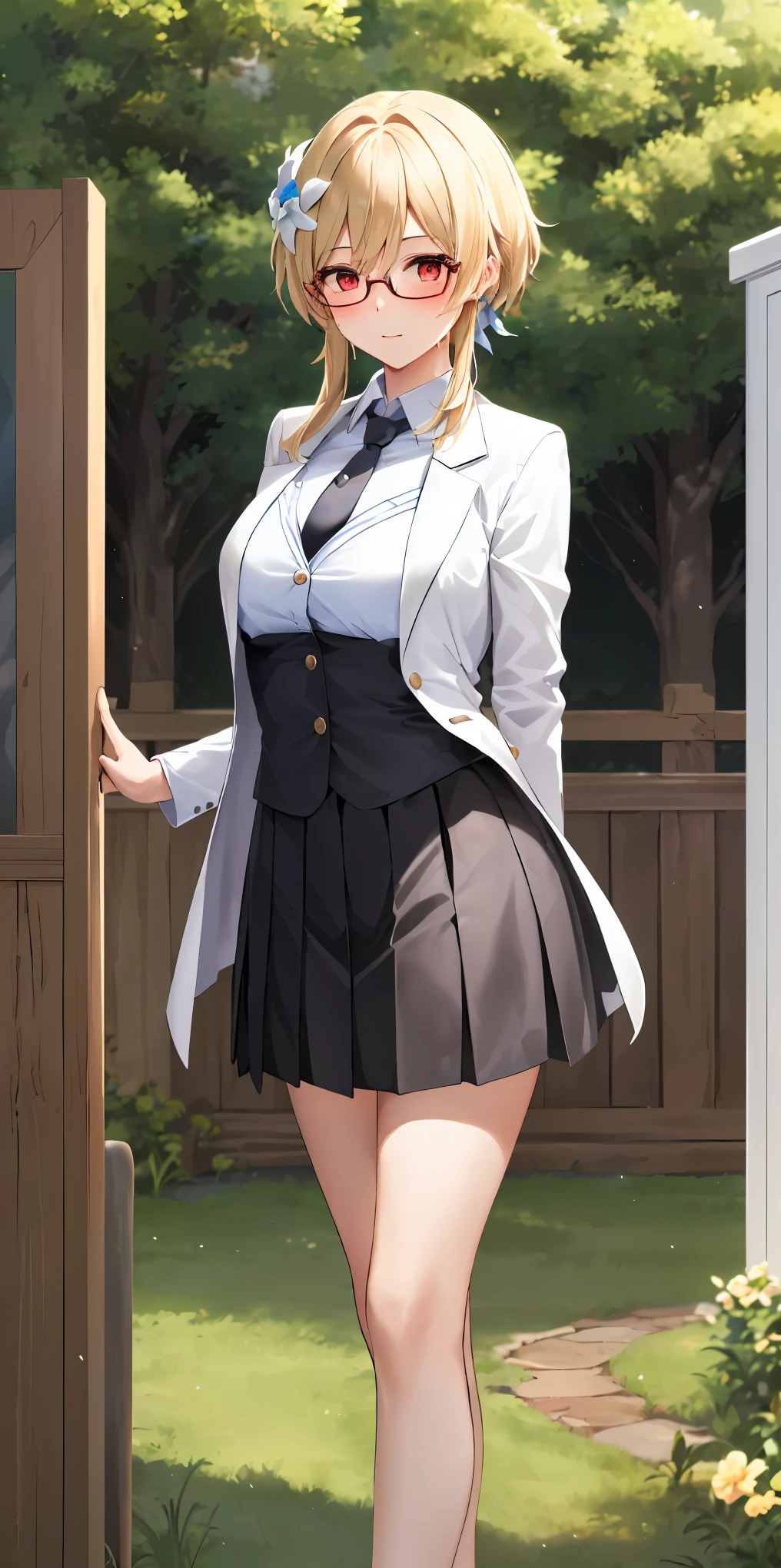 1girl, solo, luminedef, cleavage, (glowing red eyes)
BREAK (glasses, skirt, shirt, , white shirt, pleated skirt, glasses, collared shirt, black skirt, vest, red necktie, labcoat, (white labcoat:1.2), brown vest:1.2),
BREAK (perspire,Sweat a lot,Blushlush,Be red in the face,Blushlush),Stand at the door of the phone booth,arms behind back,
BREAK ball gown, in the garden of trees, wedding decorations,
BREAK ((top quality, 8k, masterpiece: 1.3, ultra hd, high quality, best quality, high definition, realism)), sharp focus: 1.5, Beautiful woman with Slim body, (perfect hands, perfect anatomy),