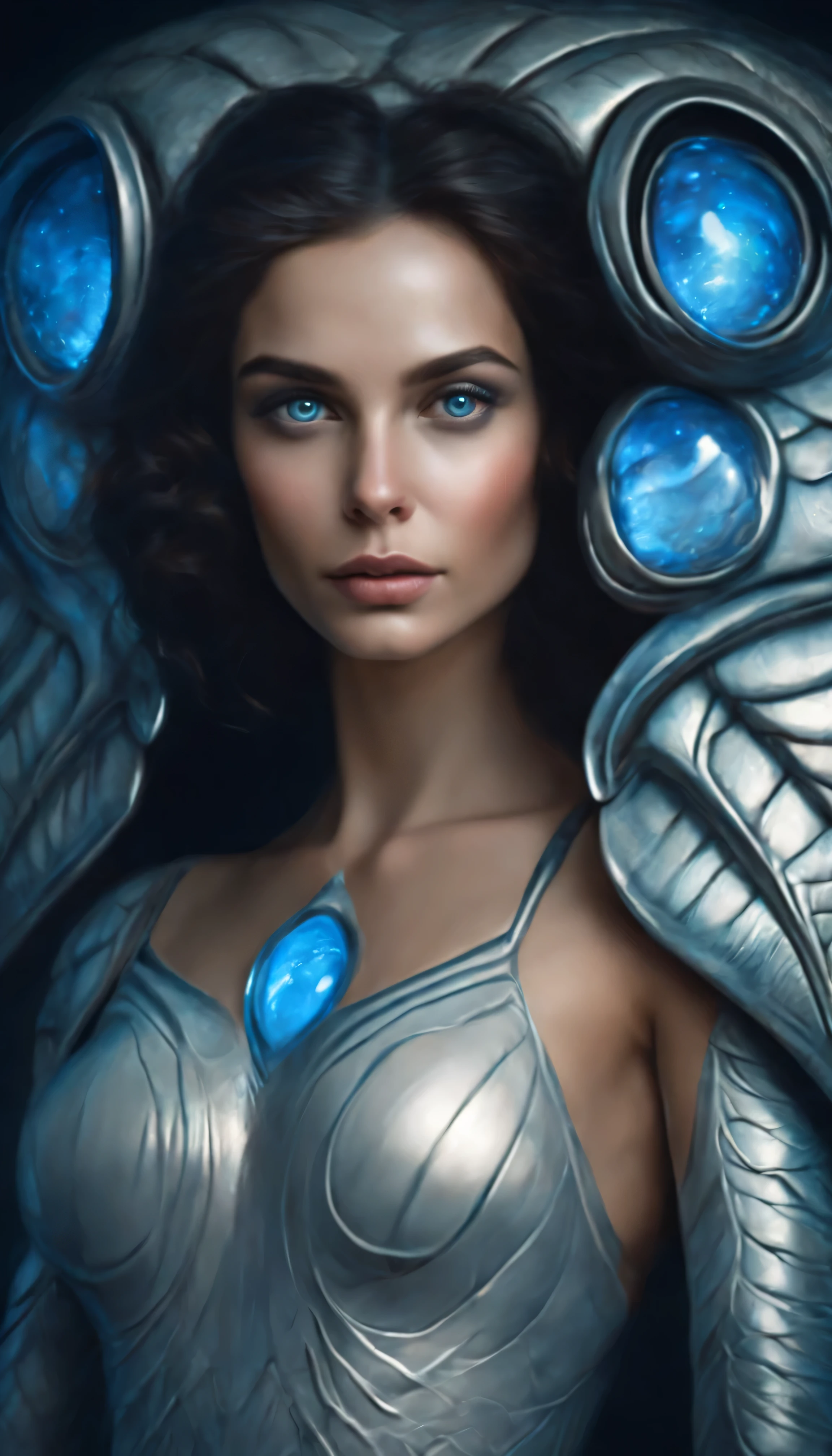 ultra-detailed,human girl embracing blue alien,beautiful detailed eyes,beautiful detailed lips,long eyelashes,extraterrestrial,realistic painting,fine art,fantasy creature,emotional connection,vivid colors,soft lighting,painting on canvas