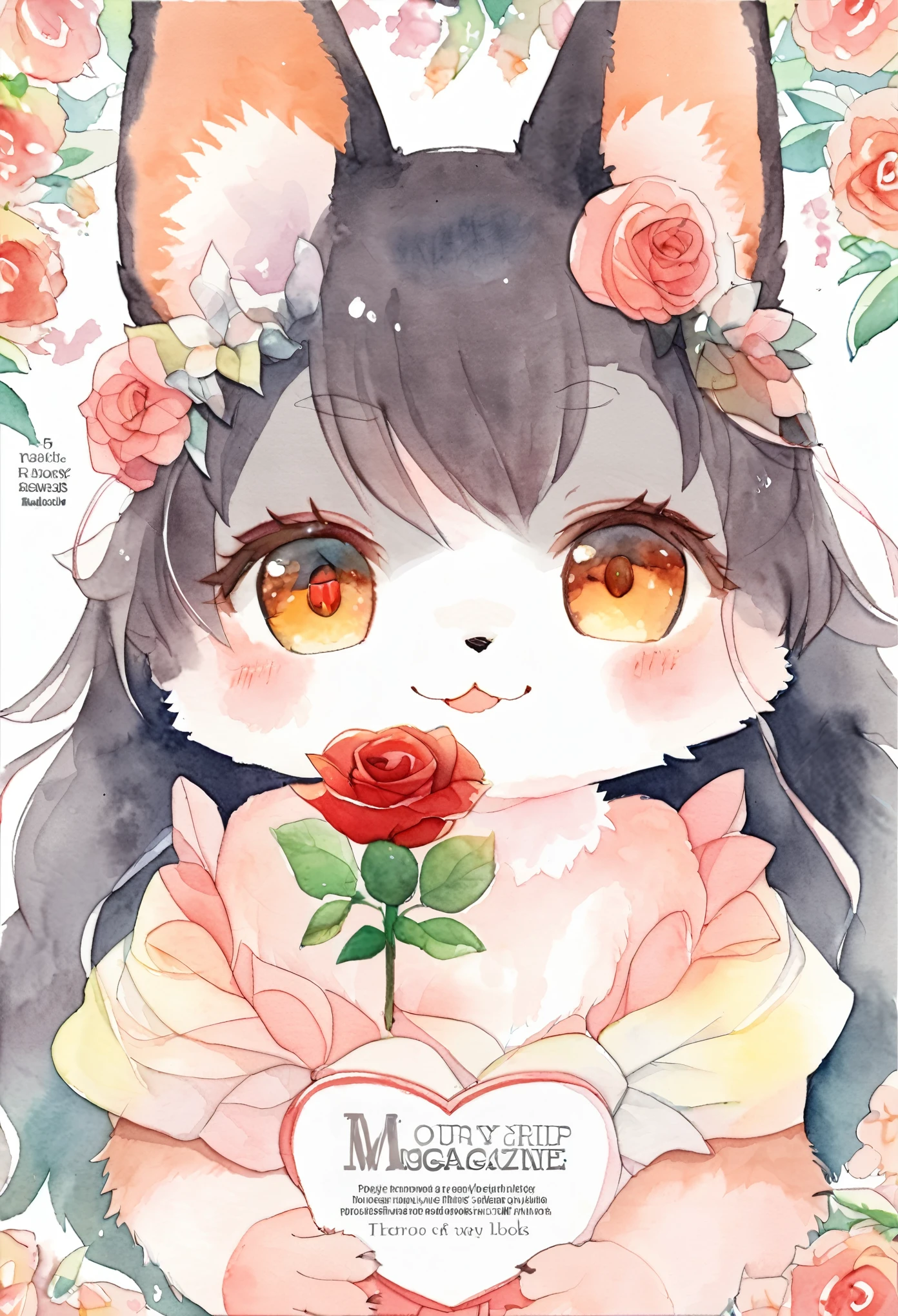 cover page, marriage information magazine, Watercolor elements, 1girl, kemono, furry, detailed body fur, animal face, animal hand, cute girl holding a red rose and looking at viewer,