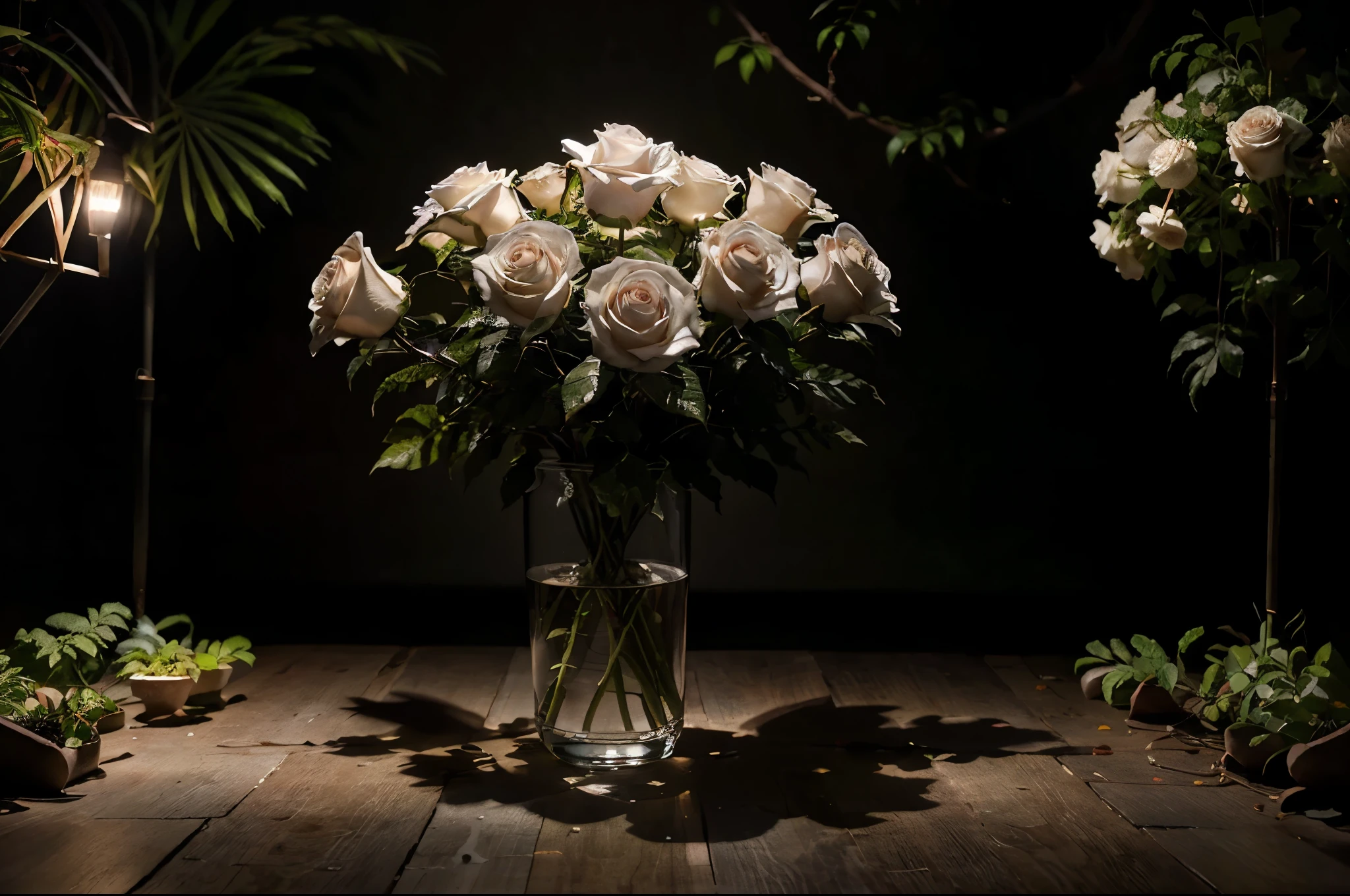 (wide photo) of a flesh eating plant with a ethereal complex colors, a mesmerizing bioluminescent forest, very dark white roses in background high quality photography, 3 point lighting, flash with softbox, 4k, Canon EOS R3, hdr, smooth, sharp focus, high resolution, award winning photo, 80mm, f2.8, bokeh, ((wide photo)), white roses