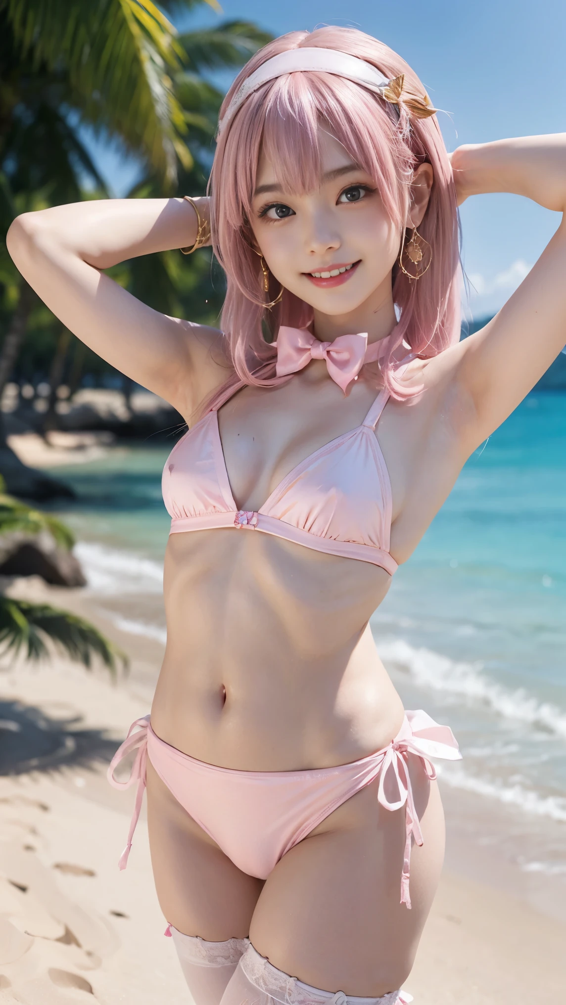 girl, goblin, smile of great joy，beautiful and moving，(((flat chest))),Do a dynamic dance、Attach cat Mimi hairband、milky white skin、thin arms、thin waist、slender upper body、thin thighs、thin lower body、long hair、(((pink hair)))、tropical sandy beach、a dizzying smile、fluffy bikini、full body shot、A bow tie、wear big gold earrings、garter belt、wear a gold bracelet