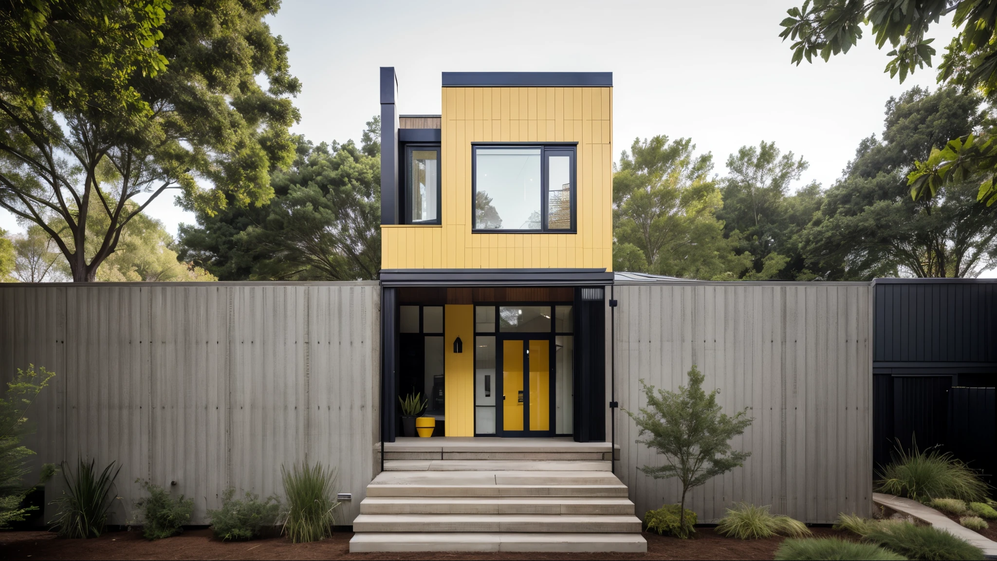 house exterior industry style, dark yellow and green color scheme, like an oldtime industry factory,raw materials, exposed structural elements, and simple, clean lines,rough-hewn steel, polished concrete, glass, and exposured brick,