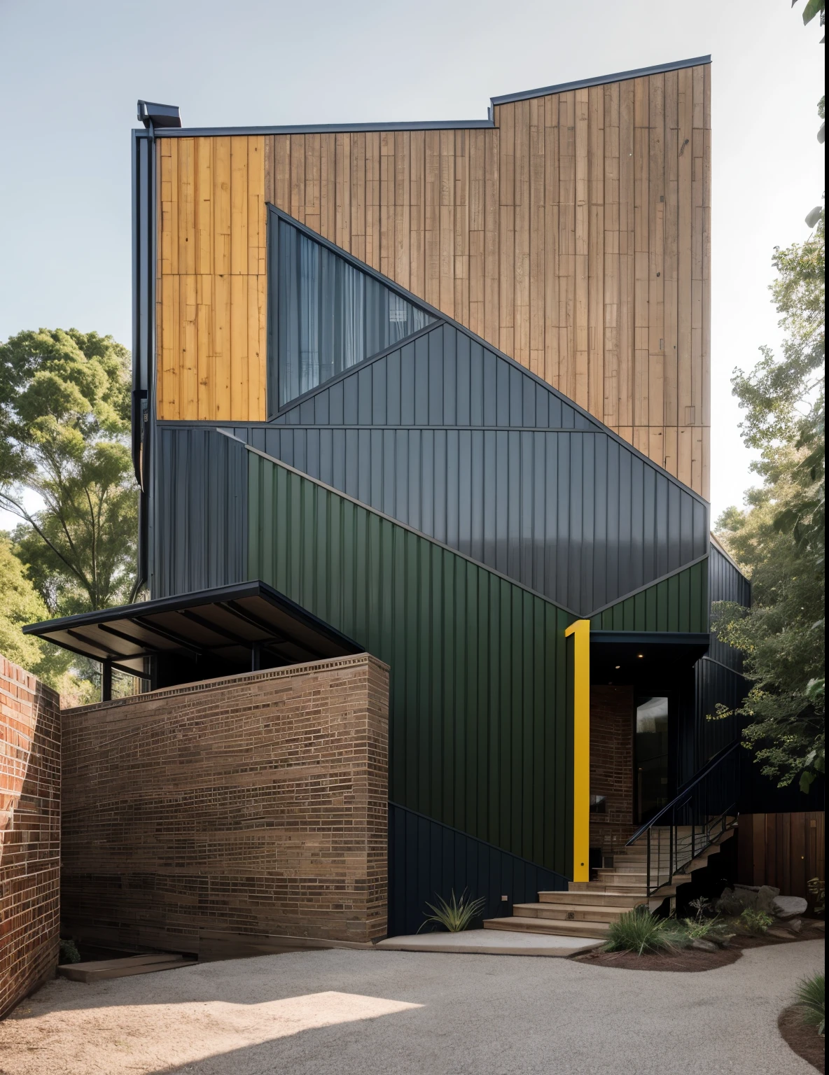 house exterior industry style, dark yellow and green color scheme, like an oldtime industry factory,raw materials, exposed structural elements, and simple, clean lines,rough-hewn steel, polished concrete, glass, and exposured brick,