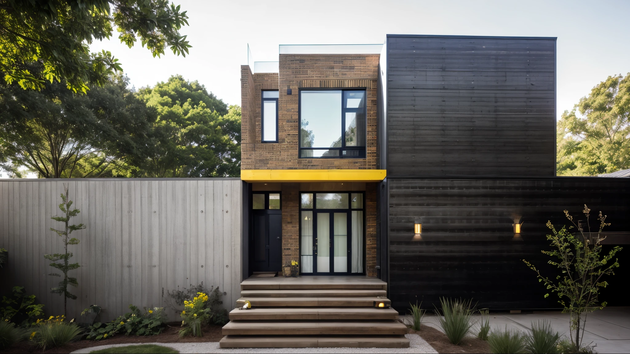 house exterior industry style, dark yellow and green color scheme, like an oldtime industry factory,raw materials, exposed structural elements, and simple, clean lines,rough-hewn steel, polished concrete, glass, and exposured brick,