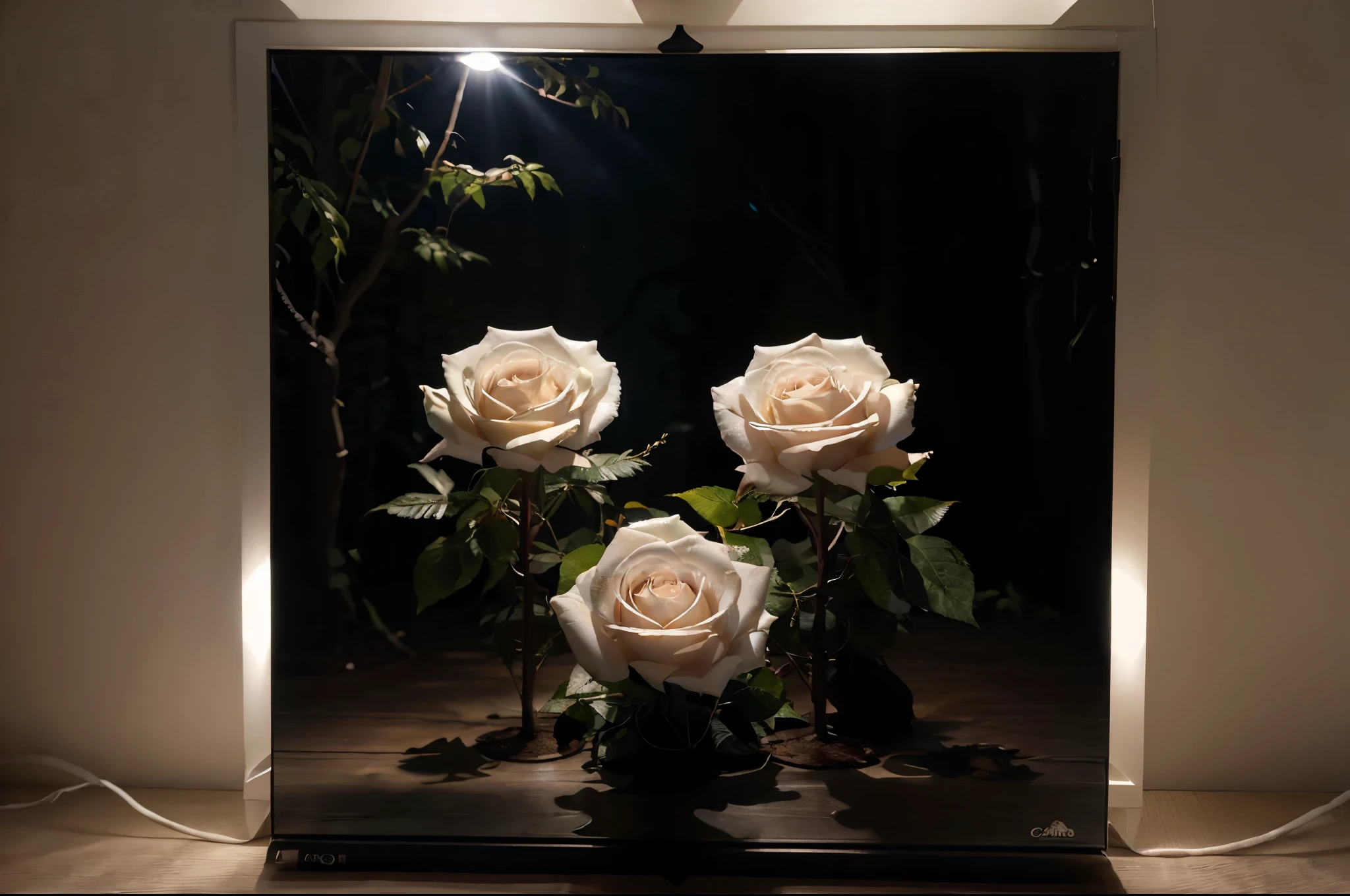 (wide photo) of a flesh eating plant with a ethereal complex colors, a mesmerizing bioluminescent forest, very dark white roses in background high quality photography, 3 point lighting, flash with softbox, 4k, Canon EOS R3, hdr, smooth, sharp focus, high resolution, award winning photo, 80mm, f2.8, bokeh, ((wide photo)), white roses
