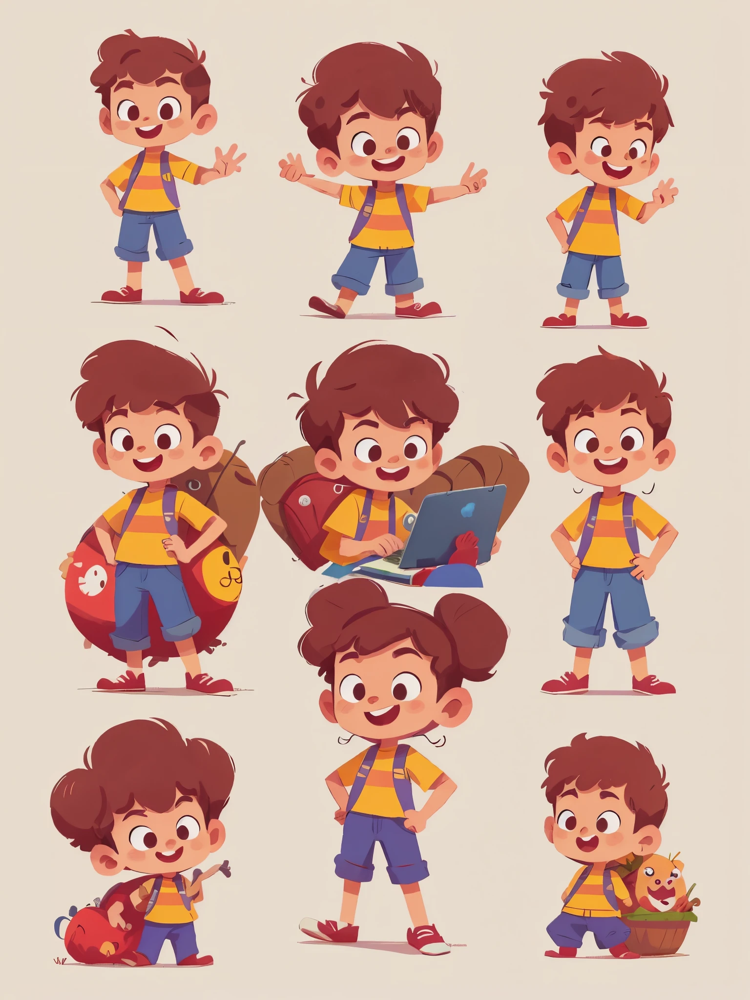 pixel character of a boy de 3 anos with different poses and poses, hand on macbook pro, pixel concept art, different emoji said, very stylized character design, stylized character design, highly detailed character design, childrens art in artstation, character design, disney character style, happy, smile, concept art of single boy, animated character design, high quality character design, character exploration, great character design, in style of disney animation, character illustration