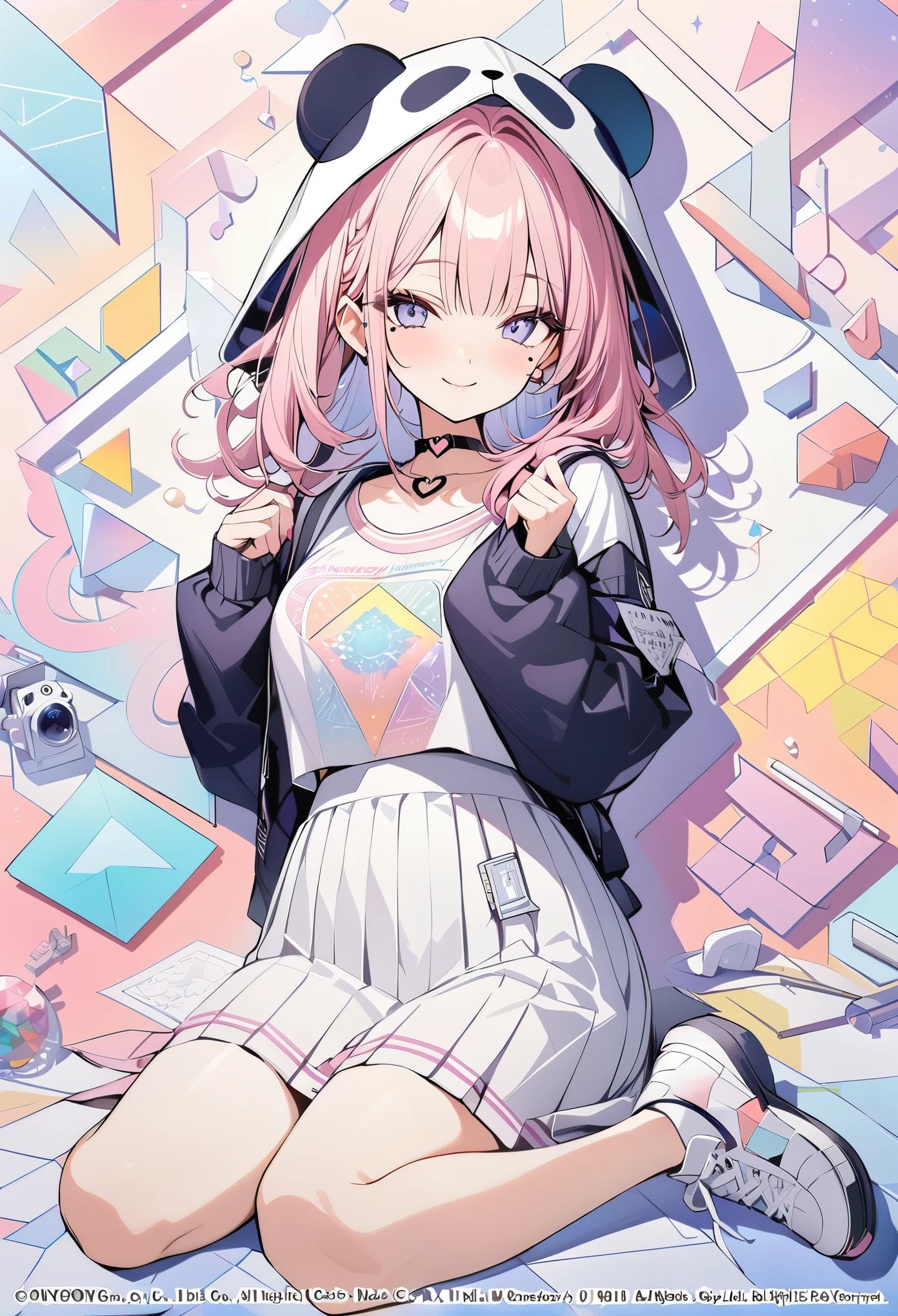 ,beautiful flower々）,mole under eye, heart shaped choker, (masterpiece, highest quality), official art, beautiful and aesthetic: 1.2), (1 girl), very detailed, (geometry art: 1.3), colorful、pink bob hair、panda ear hood hat、 whole body、smile、university uniform