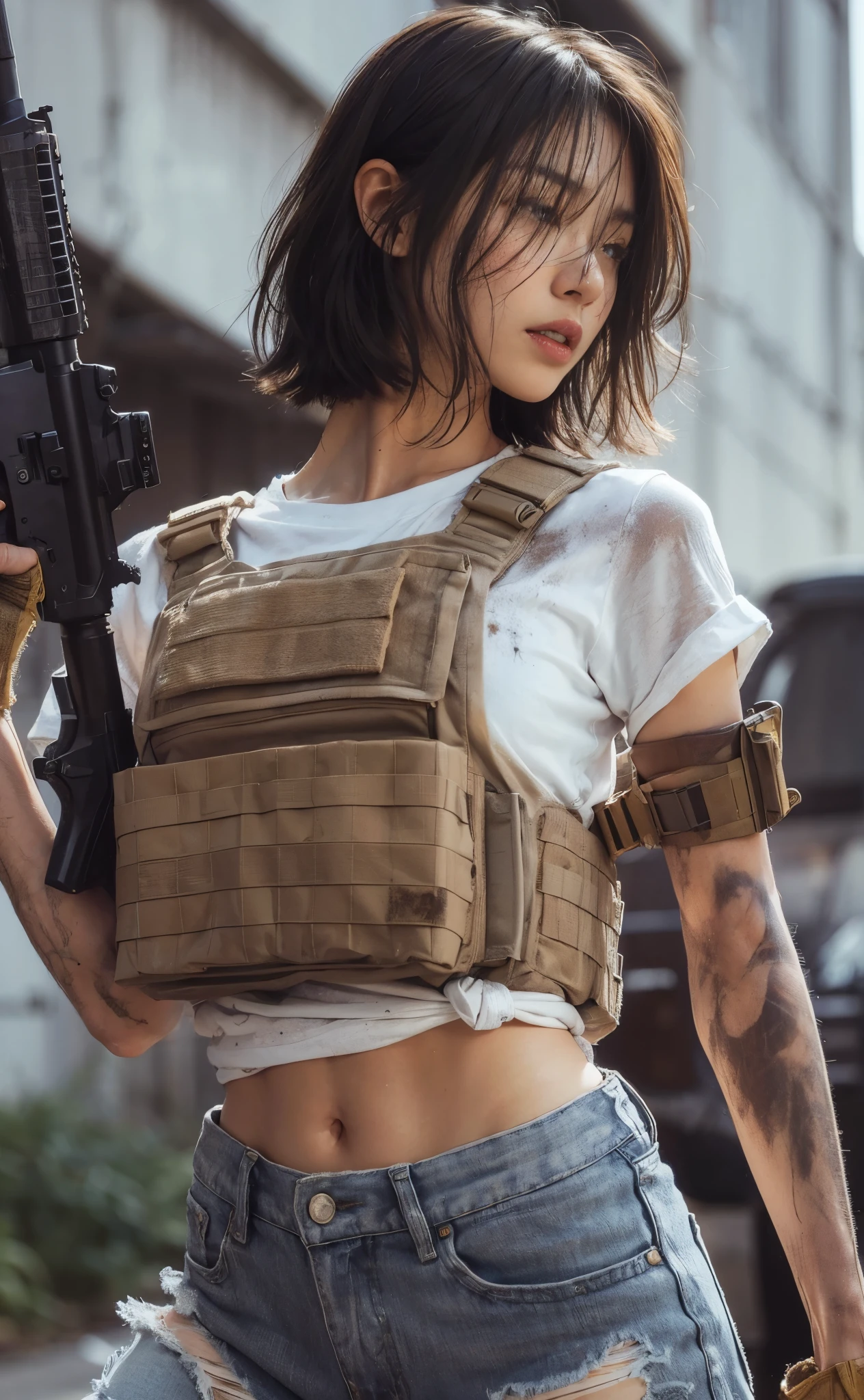 (best quality,8k,realistic photo,realistic skin texture,American female,beautiful Japanese woman,resides in America,wearing dirty white T-shirt and jeans,suspicious, bulletproof vest,rifle,short hair,urban warfare,caught in an incident,starts counterattack,dirty,motion-filled action pose,dramatic and bold composition,half-body,muscular,Zoom out)