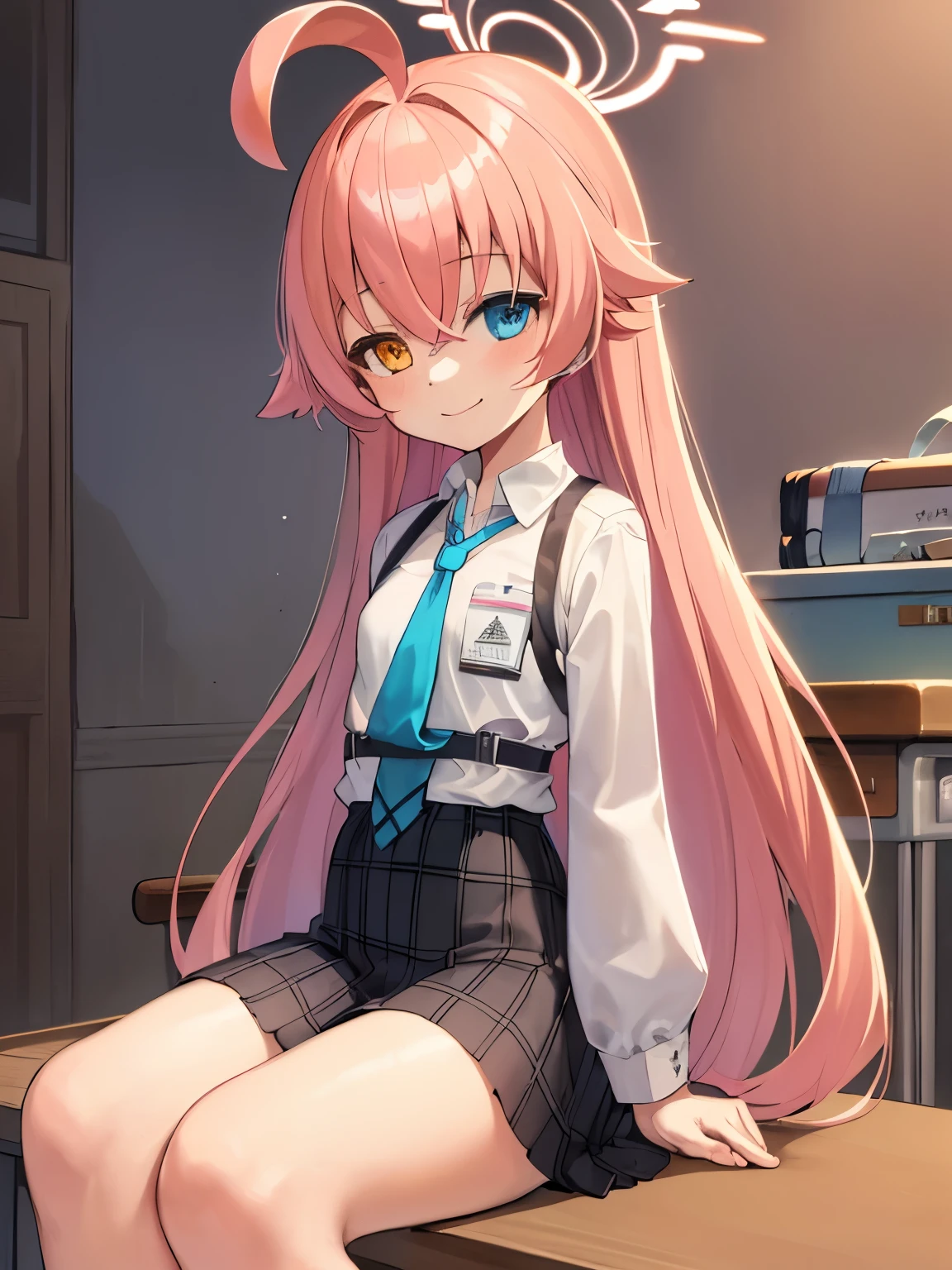 masterpiece, highest quality, Super detailed, indoors, school masterpiece, highest quality, Super detailed,  Hello,Hoshino, ,very long hair,orange eyes,blue eyes,heterochromia,pink hair,white shirt,chest harness,(small breasts:1.1),smile,