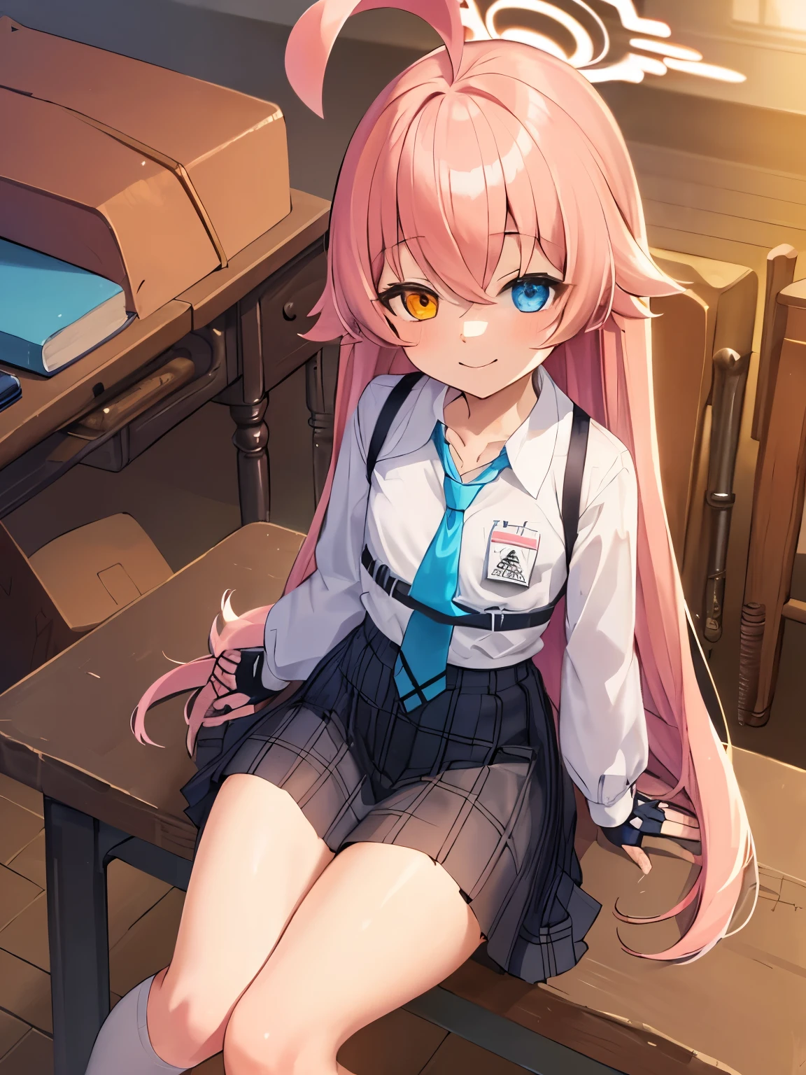masterpiece, highest quality, Super detailed, indoors, school masterpiece, highest quality, Super detailed, Hello,Hoshino, ,very long hair,orange eyes,blue eyes,heterochromia,pink hair,white shirt,chest harness,(small breasts:1.1),smile,