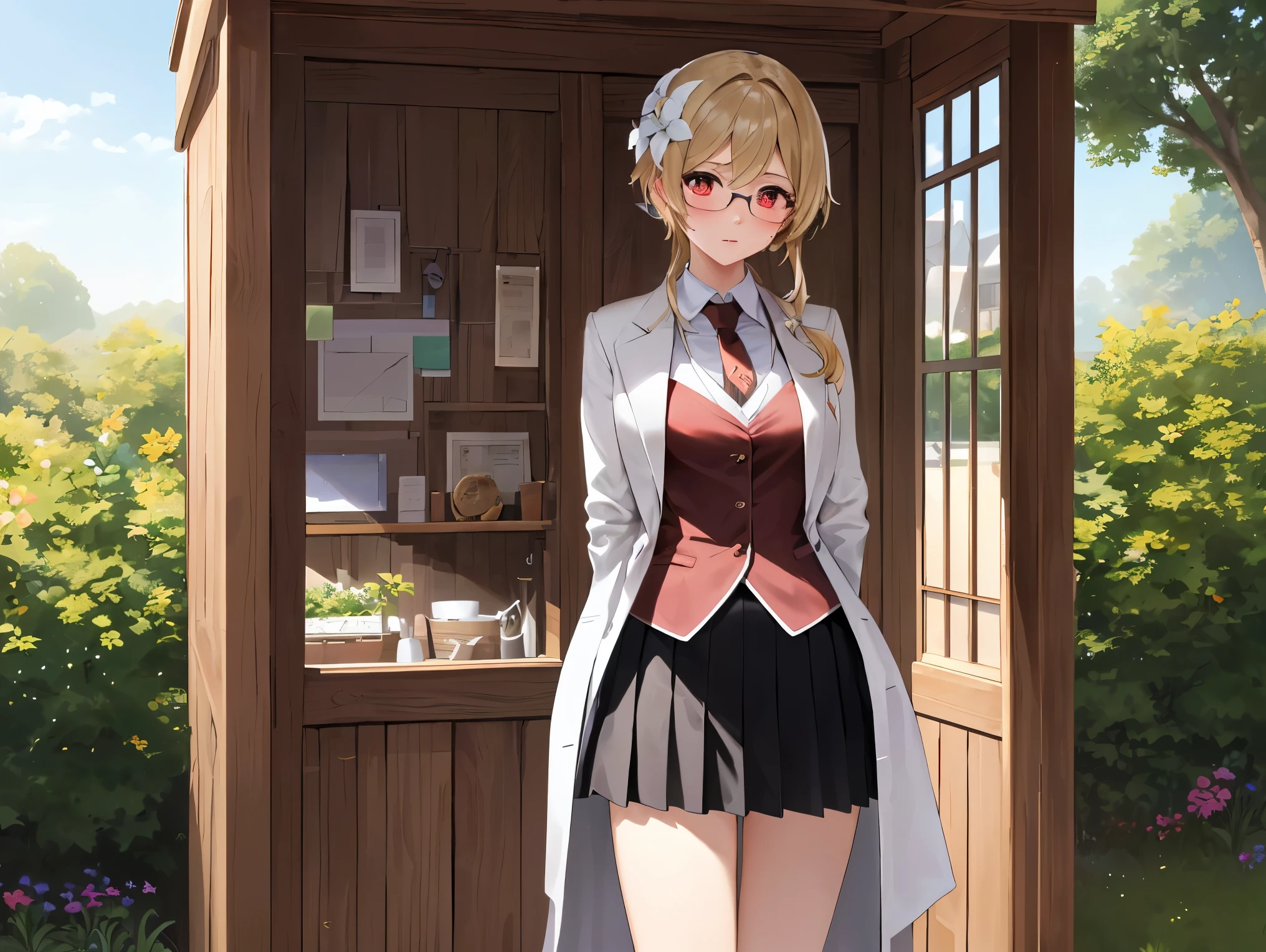 1girl, solo, luminedef, cleavage, (glowing red eyes)
BREAK (glasses, skirt, shirt, , white shirt, pleated skirt, glasses, collared shirt, black skirt, vest, red necktie, labcoat, (white labcoat:1.2), brown vest:1.2),
BREAK (perspire,Sweat a lot,Blushlush,Be red in the face,Blushlush),Stand at the door of the phone booth,arms behind back,
BREAK ball gown, in the garden of trees, wedding decorations,
BREAK ((top quality, 8k, masterpiece: 1.3, ultra hd, high quality, best quality, high definition, realism)), sharp focus: 1.5, Beautiful woman with Slim body, (perfect hands, perfect anatomy),