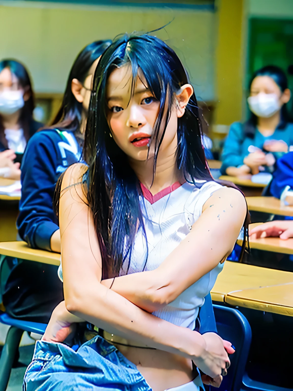 Best quality, RAW photo, realistic, SFW, soft light, detailed photo, masterpiece, extreme high resolution, (many people behind photos), (classroom), hanni, hugging stomach, pain, shocked eyes