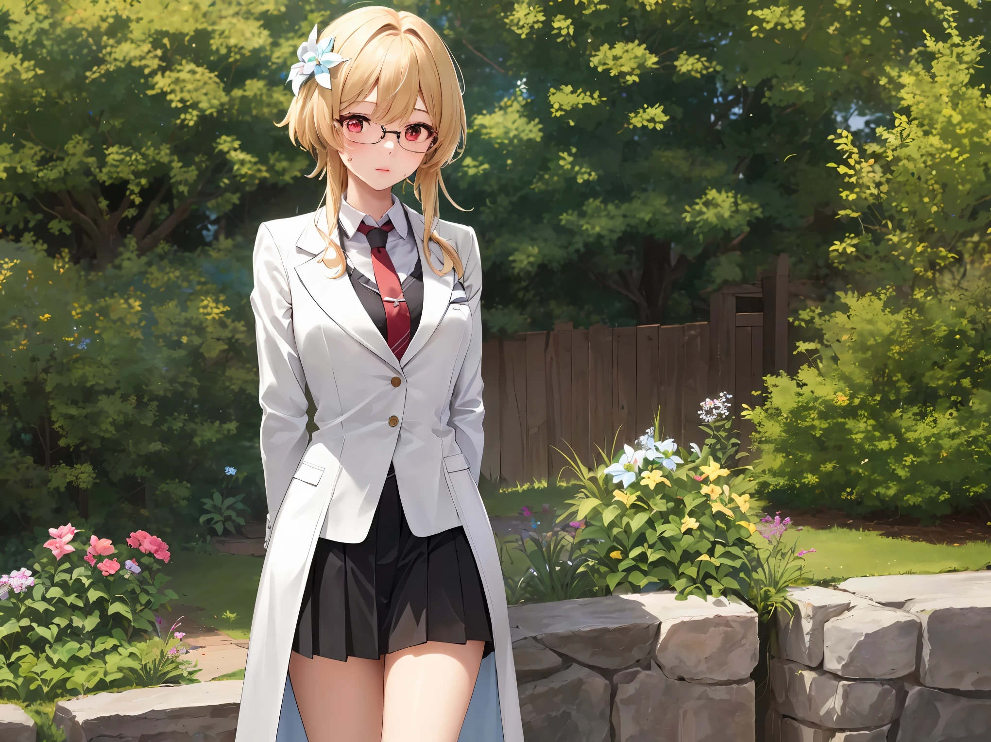 1girl, solo, luminedef, cleavage, (glowing red eyes)
BREAK (glasses, skirt, shirt, , white shirt, pleated skirt, glasses, collared shirt, black skirt, vest, red necktie, labcoat, (white labcoat:1.2), brown vest:1.2),
BREAK (perspire,Sweat a lot,Blushlush,Be red in the face,Blushlush),Stand at the door of the phone booth,arms behind back,
BREAK ball gown, in the garden of trees, wedding decorations,
BREAK ((top quality, 8k, masterpiece: 1.3, ultra hd, high quality, best quality, high definition, realism)), sharp focus: 1.5, Beautiful woman with Slim body, (perfect hands, perfect anatomy),