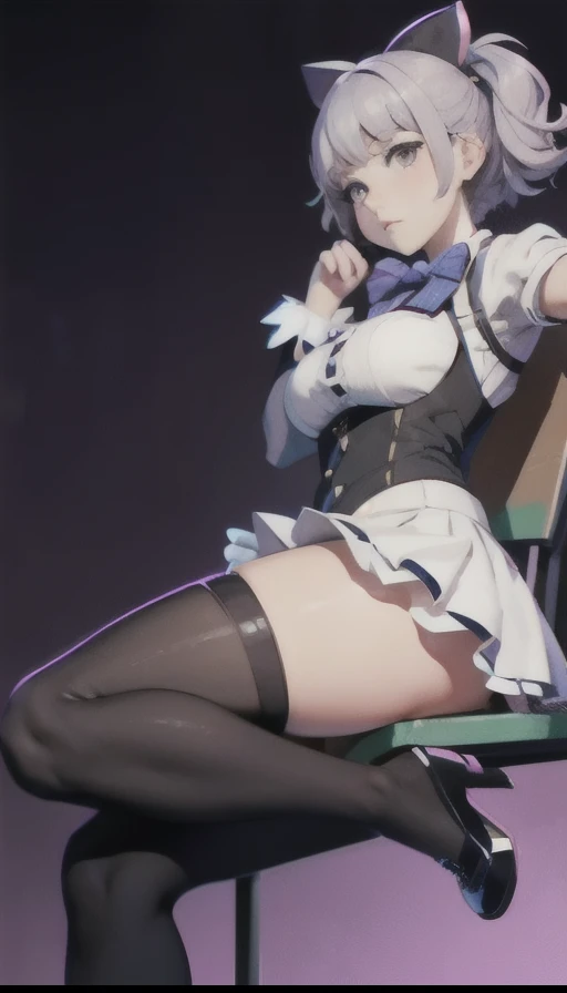 Anime girl sitting on a chair with a knife and a bow tie, surreal , chiaki nanami from danganronpa, High resolution!!, thighs!!!, by Kose Kanaoka, by Kamisaka Sekka, misato katsuragi, by Shinoda Toko, thighs!!!!!!, 2b, 2b