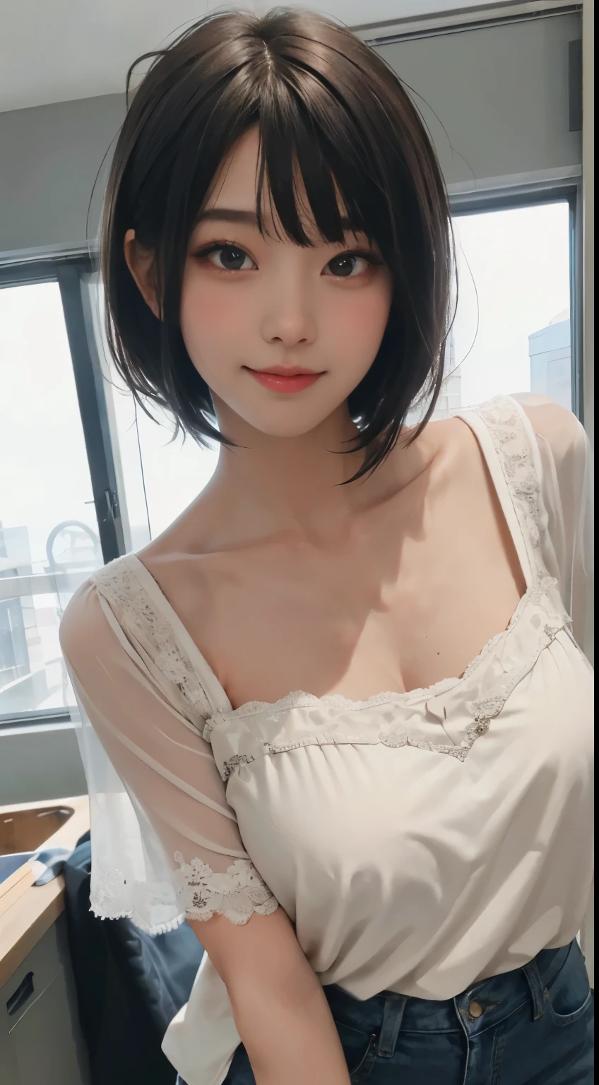 masterpiece，top quality，ultra high resolution，（realistic photos：1.4），（（1个Giant Breast Girl，White skin：1.4，looking up at the viewer，19 years old，beautiful，Lovely，black hair color hair，Bob_cut，Short hair with bangs）），perfect body girl，Loose sheer lace top，denim lenses，Coffee on the table，big deal，reveal，（Smile，Cheerful，Cheerful，Cheerful的大胸，Keep your mouth shut），（巨big deal乳房），High detail eyes，long neck，（（（Short hair with bangs）））），eyelash，big eyes，（（（very beautiful，very beautiful）），（（（natural soft light，prick up your ears，staring at the audience，lure audience，protruding eyes）））），Laura：Girlfriend Mix 2：1