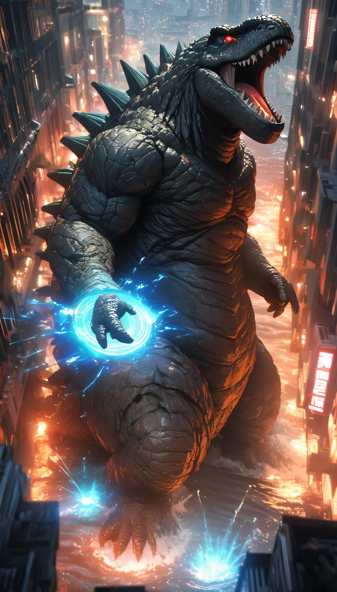 Flat coating,Rich details,Angry super giant Godzilla in the city looking down at the city below,The dorsal fin is filled with blue energy,glow effect,Huge waves hit the city,explode,Red light soars into the sky,Broken and collapsed building,standing water,stone,exposed steel bars,electric spark,Aerial viewing angle,colorful,Rescue helicopters,depth of field,OC renderer,Movie lighting,Super fine