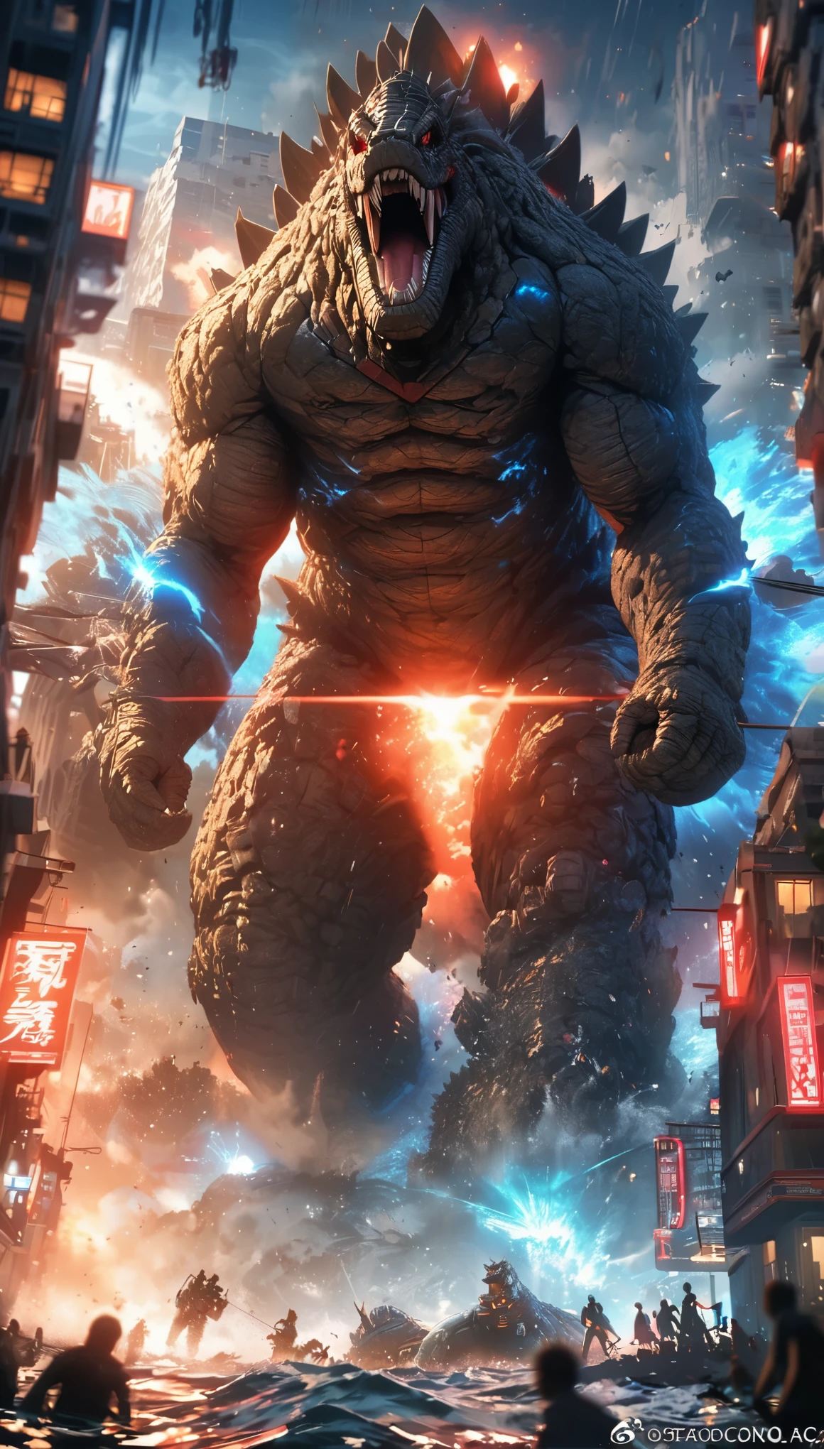 Flat coating,Rich details,Angry super giant Godzilla in the city looking down at the city below,The dorsal fin is filled with blue energy,glow effect,Huge waves hit the city,explode,Red light soars into the sky,Broken and collapsed building,standing water,stone,exposed steel bars,electric spark,Aerial viewing angle,colorful,Rescue helicopters,depth of field,OC renderer,Movie lighting,Super fine