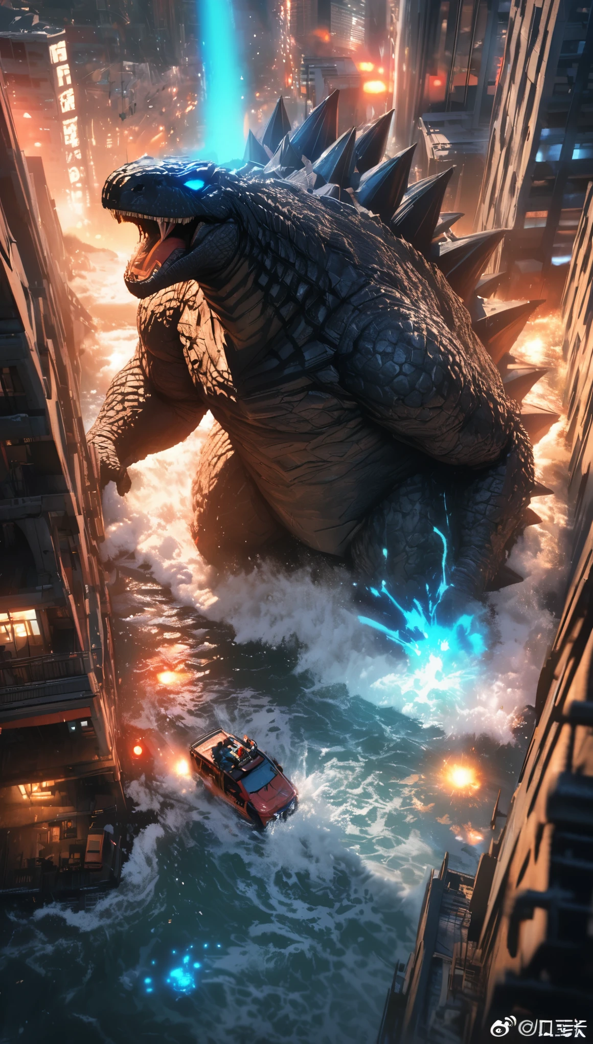 Flat coating，Vector illustration，Rich details，Angry super giant Godzilla in the city looking down at the city below，（（（The dorsal fin is filled with blue energy））），（（glow effect）），Huge waves hit the city，explode，Red light soars into the sky，Broken and collapsed building，standing water，stone，exposed steel bars，electric spark，shoulder level view，colorful，Rescue helicopters，depth of field，Movie lighting，Super fine