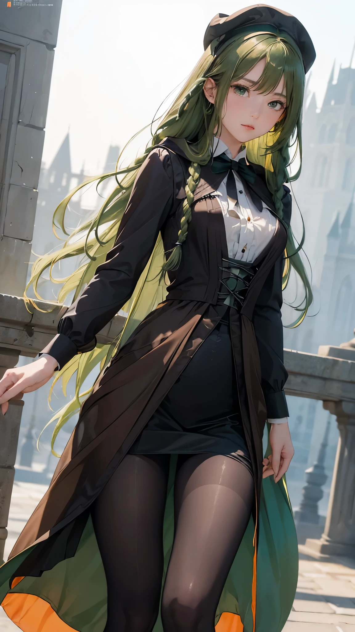 masterpiece, Super detailed, 8K portrait, RAW photo, portrait photography, highly detailed face, beautiful and detailed eyes, ((fantasy)), young and beautiful, 22 years ago, dynamic pose, (((long straight deep green hair))), ((One side is braided with an orange hair ribbon)), dull bangs, beret, White skin color, luxury, Hooded (((Dark brown))) (((Silk Long Cloak))) fluttering in the wind, (((dress shirt))), (((silk maxi skirt))), Leather Corset, (((Dark Thigh High Tights))), High Cut Leather Boots, (((Lift a long magic wand))), ((Equip yourself with a pocket watch)), midday sun, surreal, body model, small breasts, beautiful breasts, long legs, inside the castle, environmental lighting, shadow details , focus the camera on the face, strong wind, light fog