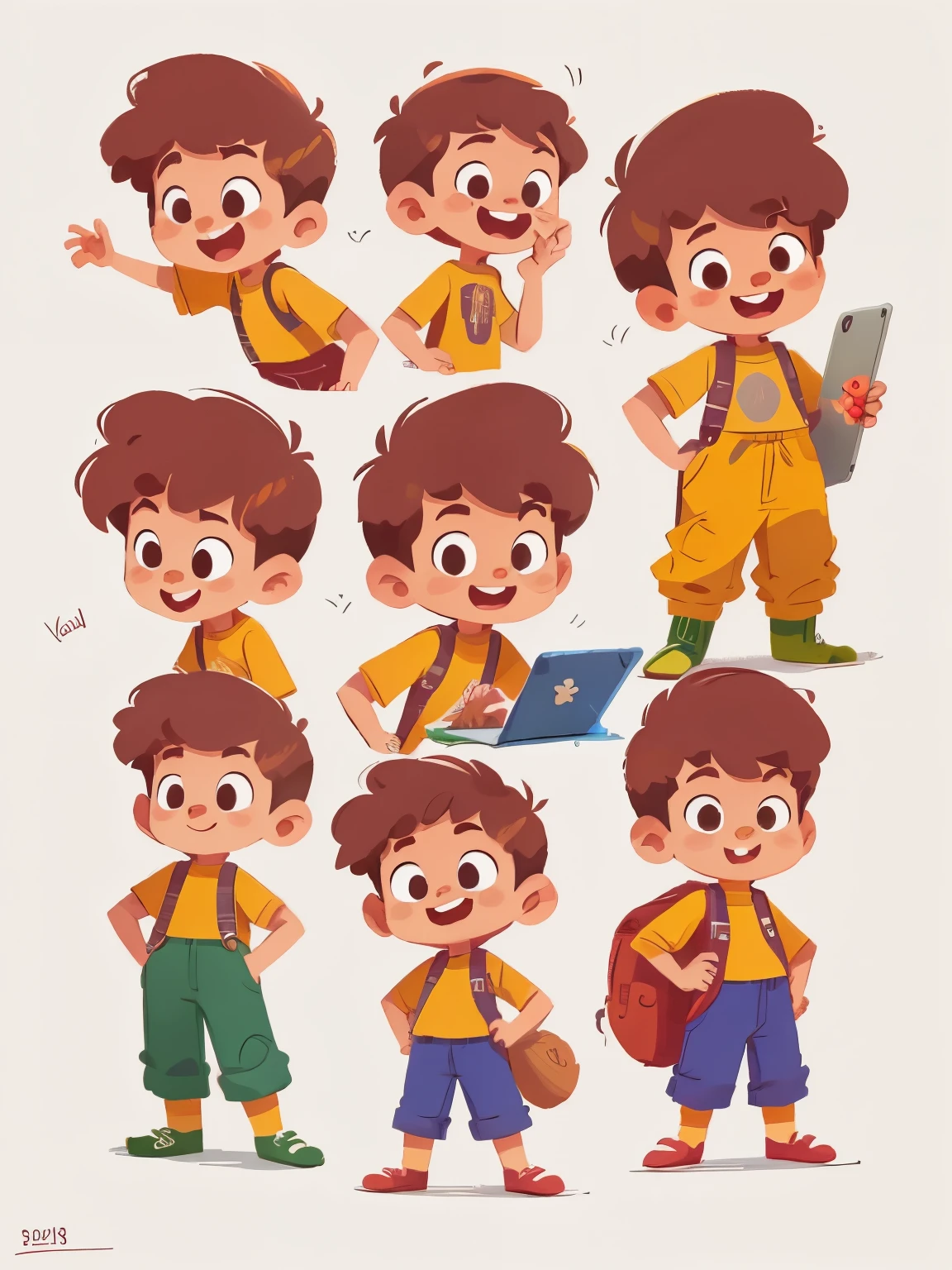 pixel character of a boy de 3 anos with different poses and poses, hand on macbook pro, pixel concept art, different emoji said, very stylized character design, stylized character design, highly detailed character design, childrens art in artstation, character design, disney character style, happy, smile, concept art of single boy, animated character design, high quality character design, character exploration, great character design, in style of disney animation, character illustration