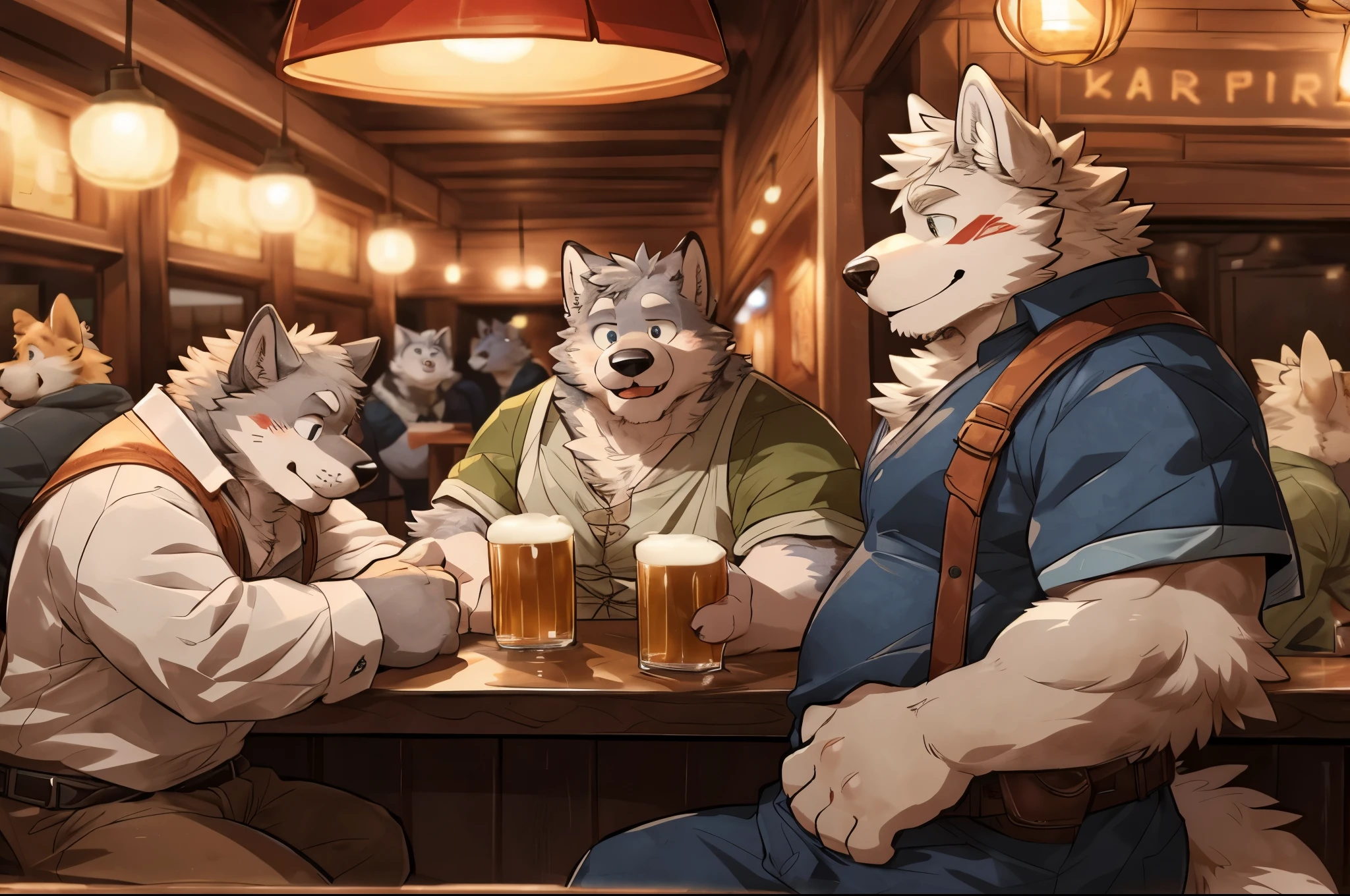 by takemoto arashi, by milkytiger1145, by donkeyramen, by wfa, anthro,furry,kemono,male,at bar pub, (adventurer costume), drinking beer, anthro,furry,kemono,handsome,gray wolf,gray fur,male,group shot, crowded, detailed background, looking pleasured,enjoying, (high quality, highres, masterpiece), ((fluffy fur, fluffy, furry body)), detailed fluffy fur, detailed face, detailed eyes, middle-aged, (((muscular)))