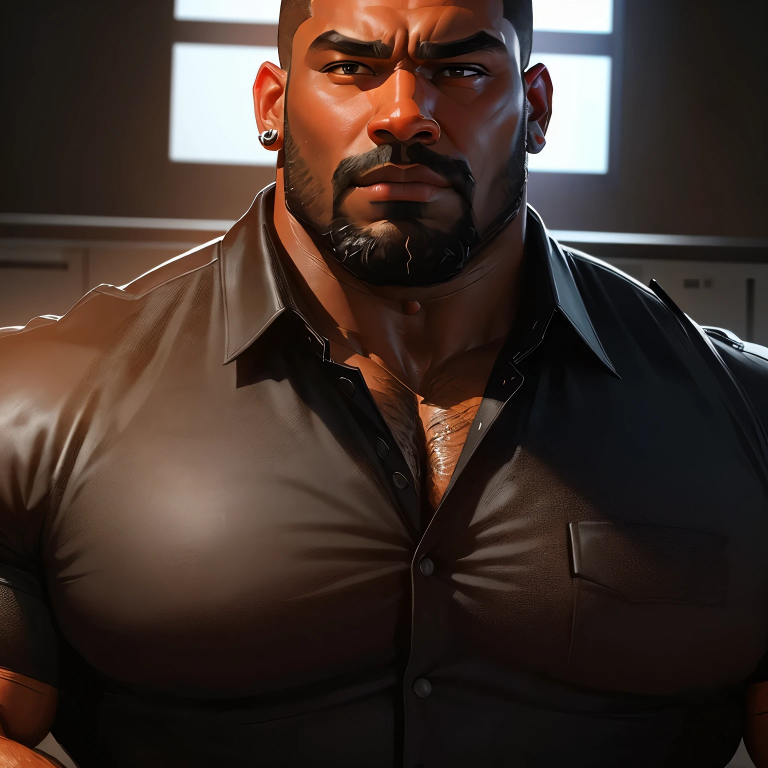 an exaggeratedly muscular and large bodyguard, beefy build, beard, dark-skinned african american male, (wearing black collared shirt: 1.2), police badge, (bara pecs: 1.3), (arm and chest hair: 1.1), close-up portrait HD, grungy police station