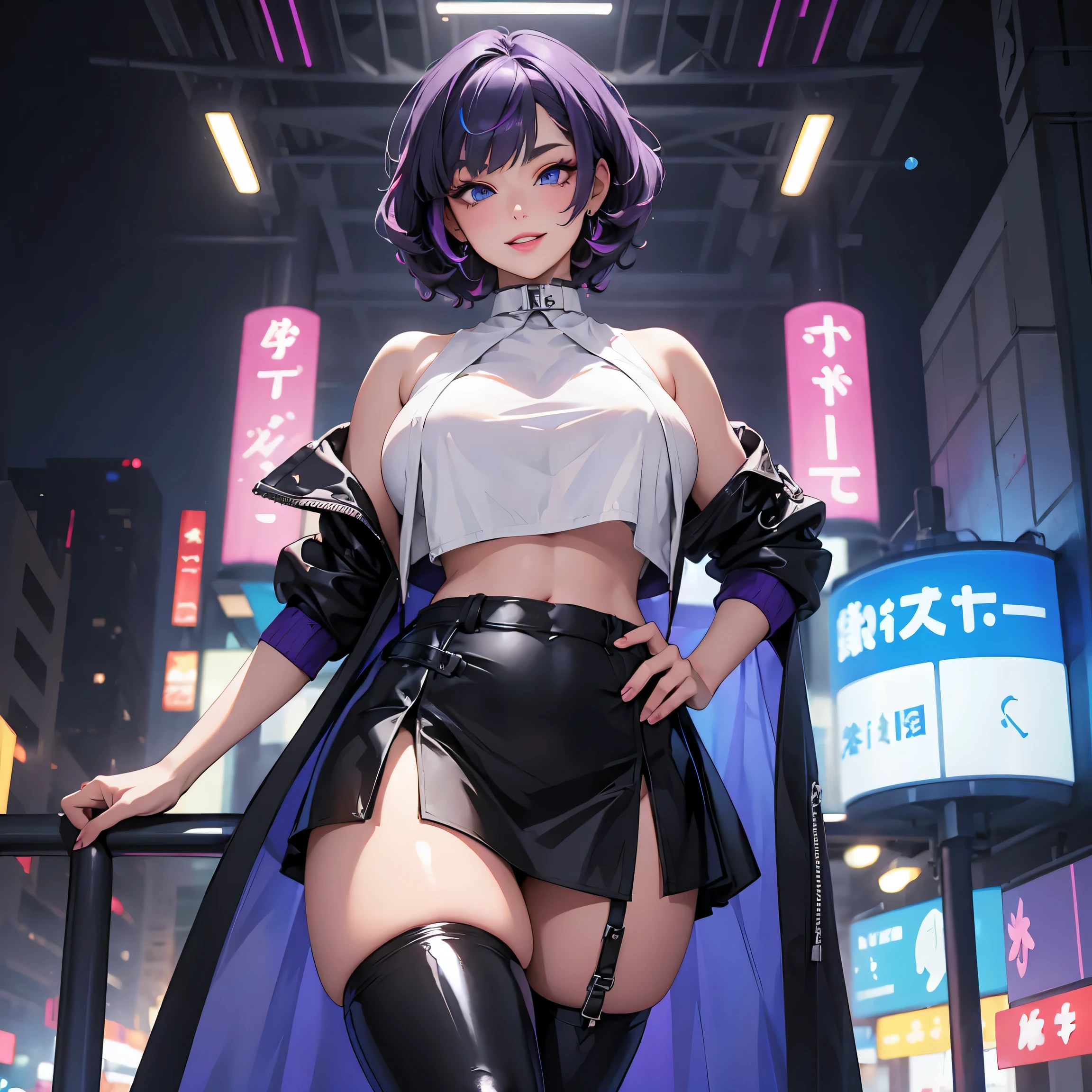 one girl, masterpiece, best quality, short curly hair, (purple hair), white streaks, (blue streaks), blue eyes, huge breasts, thick lips, shiny lips, white crop top, black skirt, thigh highs, smiling, neon city, cyberpunk, standing, from below