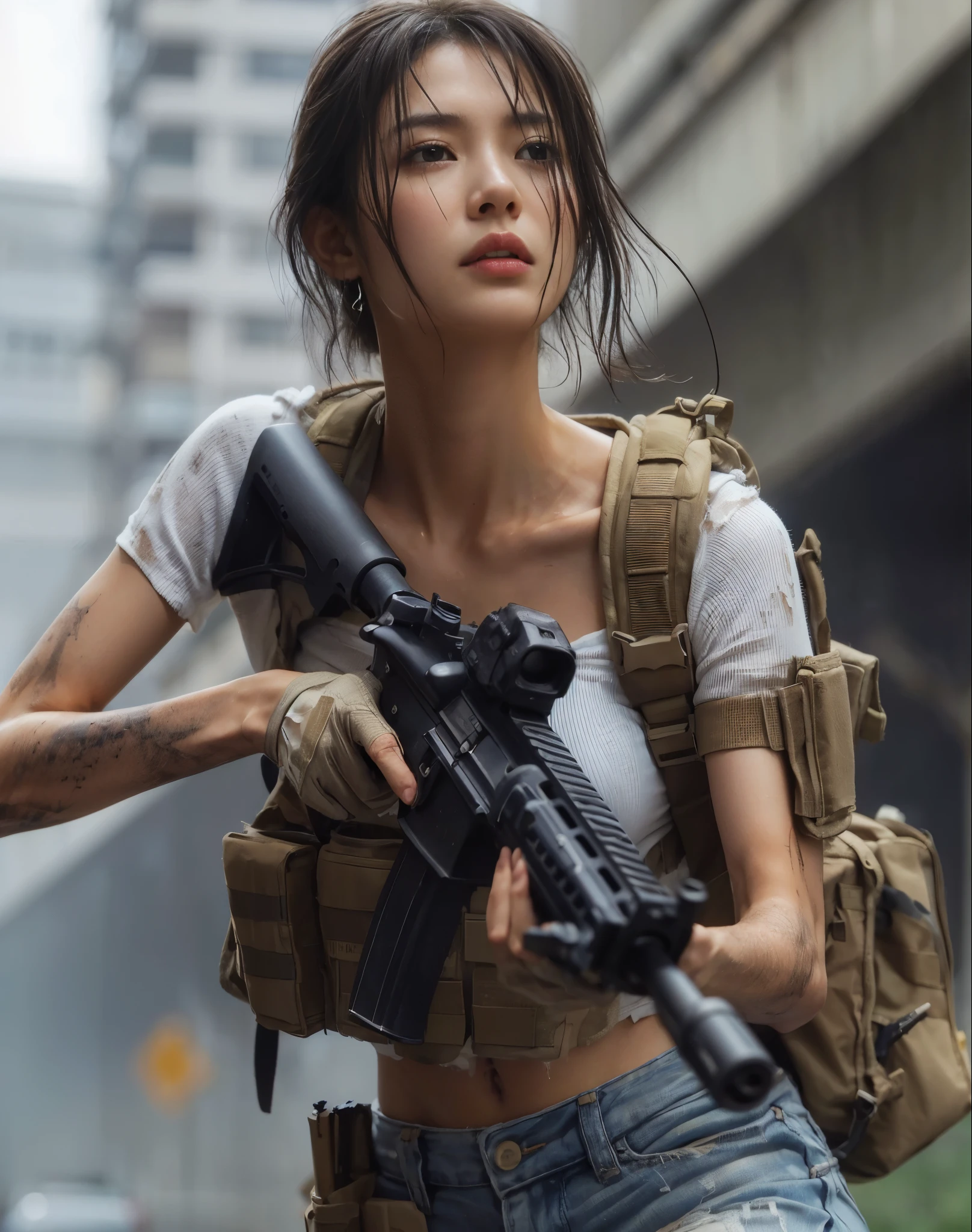 (best quality,8k,realistic photo,realistic skin texture,American female,beautiful Japanese woman,resides in America,wearing dirty white T-shirt and jeans,suspicious, bulletproof vest,rifle,short hair,urban warfare,caught in an incident,starts counterattack,dirty,motion-filled action pose,dramatic and bold composition,half-body,muscular,Zoom out)、Abrasions on the face