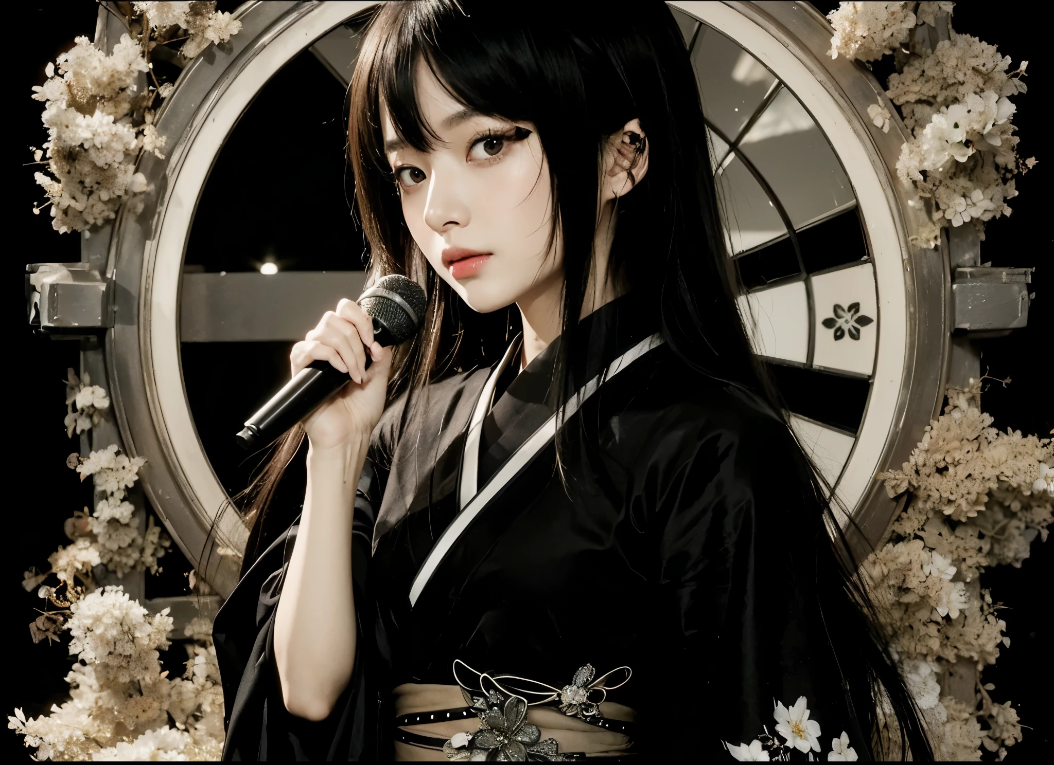 woman holding a microphone, Sui Ishida, black hair, black hime cut, shikamimi, Nara Yoshitomo, Kotegawa Yui, Hana Yata, hime cut, Shiina Ringo anime portrait, Kanliu666, Chiho, kimono, Rin
(ultra-detailed, high-res, photo-realistic) woman holding a microphone, with (best quality, sharp focus, vivid colors) capturing the essence of every detail. Her (black hair) cascades down her shoulders, framing her face in a (black hime cut) style, perfectly accentuating her features. She has (shikamimi), adding a touch of playfulness to her appearance.
In the background, (Nara Yoshitomo)-inspired scenery evolves, exuding a sense of (conceptual art) and (dreamlike) atmosphere. The delicate balance between (realism) and (fantasy) is harmoniously presented. The surroundings are filled with vibrant colors and unique artistry.
Beside her stands (Kotegawa Yui) and (Hana Yata), both wearing (kimono) with intricate patterns and exquisite craftsmanship. They complement the main character, each with their distinct personality and style. The scene showcases a blend of traditional elegance and contemporary fashion.
As the camera zooms in on the woman, her face mesmerizes the viewers. It resembles an (anime portrait) of (Shiina Ringo), capturing her striking (eyes) and (lips) in (extreme detail). The expressiveness in her eyes conveys a sense of confidence and passion.
The lighting emphasizes the beauty of her features, (Kanliu666)-inspired portrait-style lighting, creating a stunning visual effect. The ambiance is enhanced by gentle (bokeh) in the background, adding depth and a touch of enchantment to the scene.
Every element in this artwork comes together to create a visually captivating and emotionally engaging experience. The combination of meticulous details, artful composition, and vibrant colors transforms the image into a true (masterpiece) that reflects the talent and creativity of the artist.
(Note: The provided prompt is an example and may not represent a complete or accura