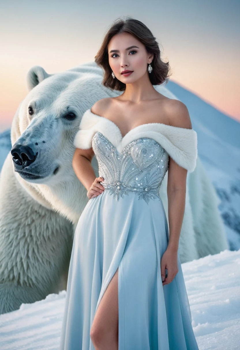 Beautiful woman ((perfect Face)) in evening dress On a mountain, the mountain is covered with snow, the woman is being watched by a polar bear.