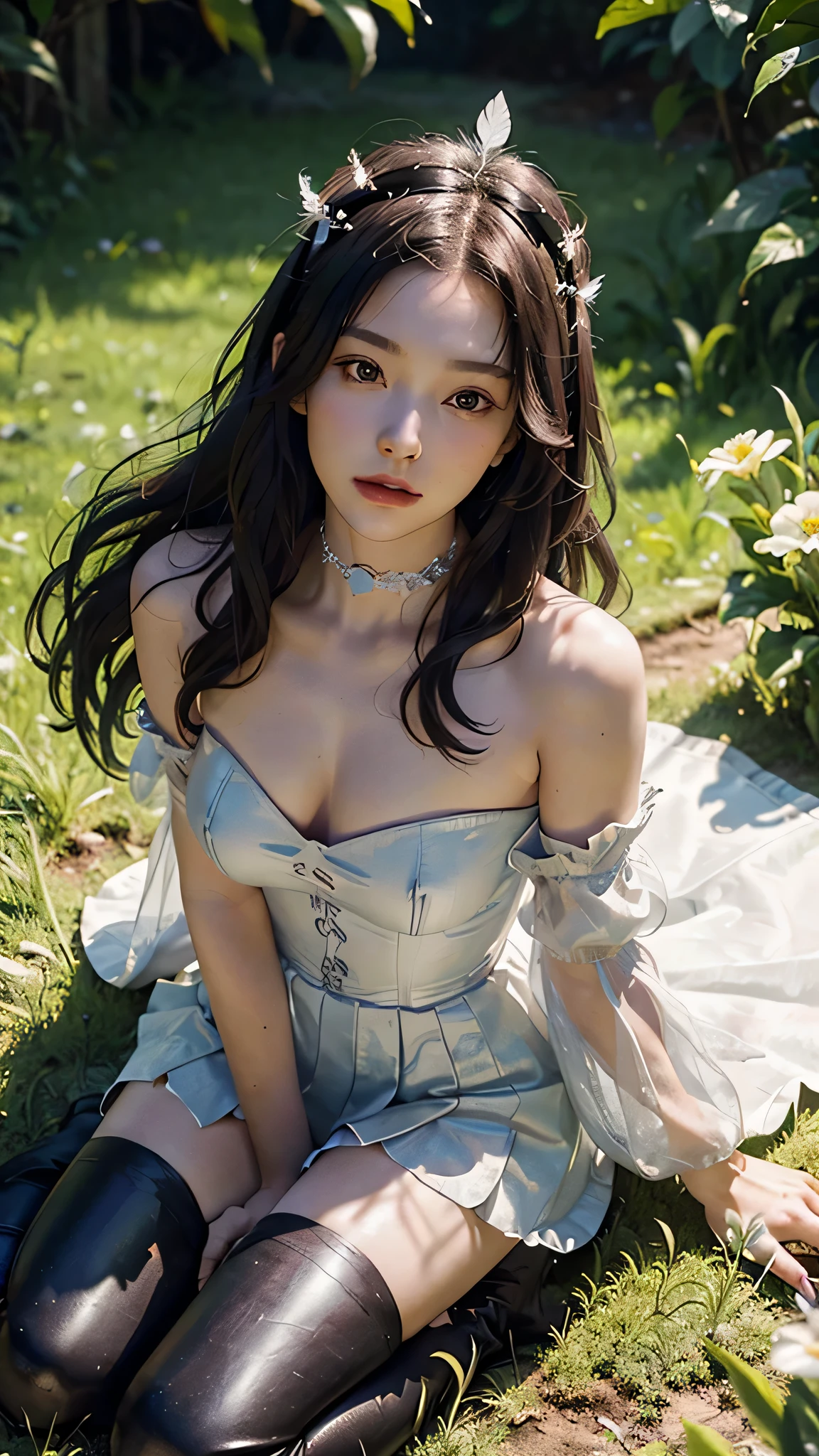 ((extreme detail)),(ultra-detailed),(painting), chiaroscuro, extremely detailed CG unity 8k wallpaper, gwendolyn, hip feathers, holding polearm, strapless dress, crown, detached sleeves, choker, armored thigh boots, feather hair buns, facing forward, looking at viewer, white background, bug, butterfly, grass, hydrangea, leaf, mushroom, nature, plant, apple, looking away, looking up, from above,